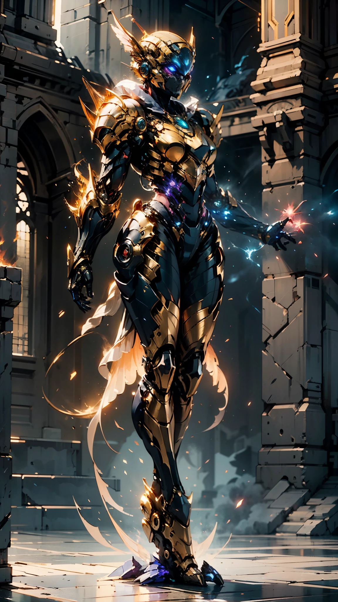 A woman adorned in fantasy-style full-body armor, a crown-concept fully enclosed helmet that unveils only her eyes, a composite layered chest plate, fully encompassing shoulder and hand guards, a lightweight waist armor, form-fitting shin guards, the overall design is heavy-duty yet flexible, (the armor gleams with a golden glow, complemented by red and blue accents), exhibiting a noble aura, she floats above a fantasy-surreal high-tech city, this character embodies a finely crafted fantasy-surreal style armored hero in anime style, exquisite and mature manga art style, (mixture of Queen bee and Spider concept Armor, plasma), ((Element, elegant, goddess, femminine:1.5)), metallic, high definition, best quality, highres, ultra-detailed, ultra-fine painting, extremely delicate, professional, anatomically correct, symmetrical face, extremely detailed eyes and face, high quality eyes, creativity, RAW photo, UHD, 32k, Natural light, cinematic lighting, masterpiece-anatomy-perfect, masterpiece:1.5