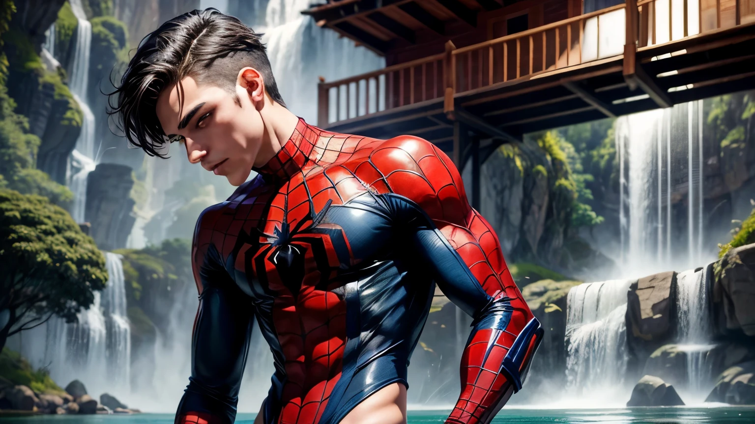 imagen de un par de chicos adolescentes, sexys, provocativos, con cuerpo muy delgado, is without a mask, con el cuerpo sudado, taking off his spiderman costume, mostrando el torso tatuado y sudoroso, con el traje roto en algunas partes, que deja ver su cuerpo, Traje de color rojo, gold chandelier and dark blue details, They are on a lake with a waterfall and a lake.