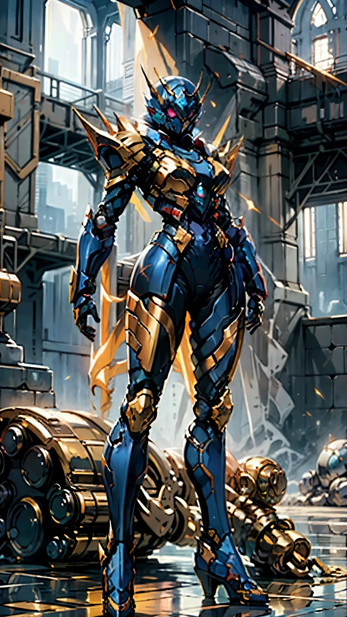 A woman adorned in fantasy-style full-body armor, a crown-concept fully enclosed helmet that unveils only her eyes, a composite layered chest plate, fully encompassing shoulder and hand guards, a lightweight waist armor, form-fitting shin guards, the overall design is heavy-duty yet flexible, (the armor gleams with a golden glow, complemented by red and blue accents), exhibiting a noble aura, she floats above a fantasy-surreal high-tech city, this character embodies a finely crafted fantasy-surreal style armored hero in anime style, exquisite and mature manga art style, (mixture of Queen bee and Spider concept Armor, plasma), ((Element, elegant, goddess, femminine:1.5)), metallic, high definition, best quality, highres, ultra-detailed, ultra-fine painting, extremely delicate, professional, anatomically correct, symmetrical face, extremely detailed eyes and face, high quality eyes, creativity, RAW photo, UHD, 32k, Natural light, cinematic lighting, masterpiece-anatomy-perfect, masterpiece:1.5