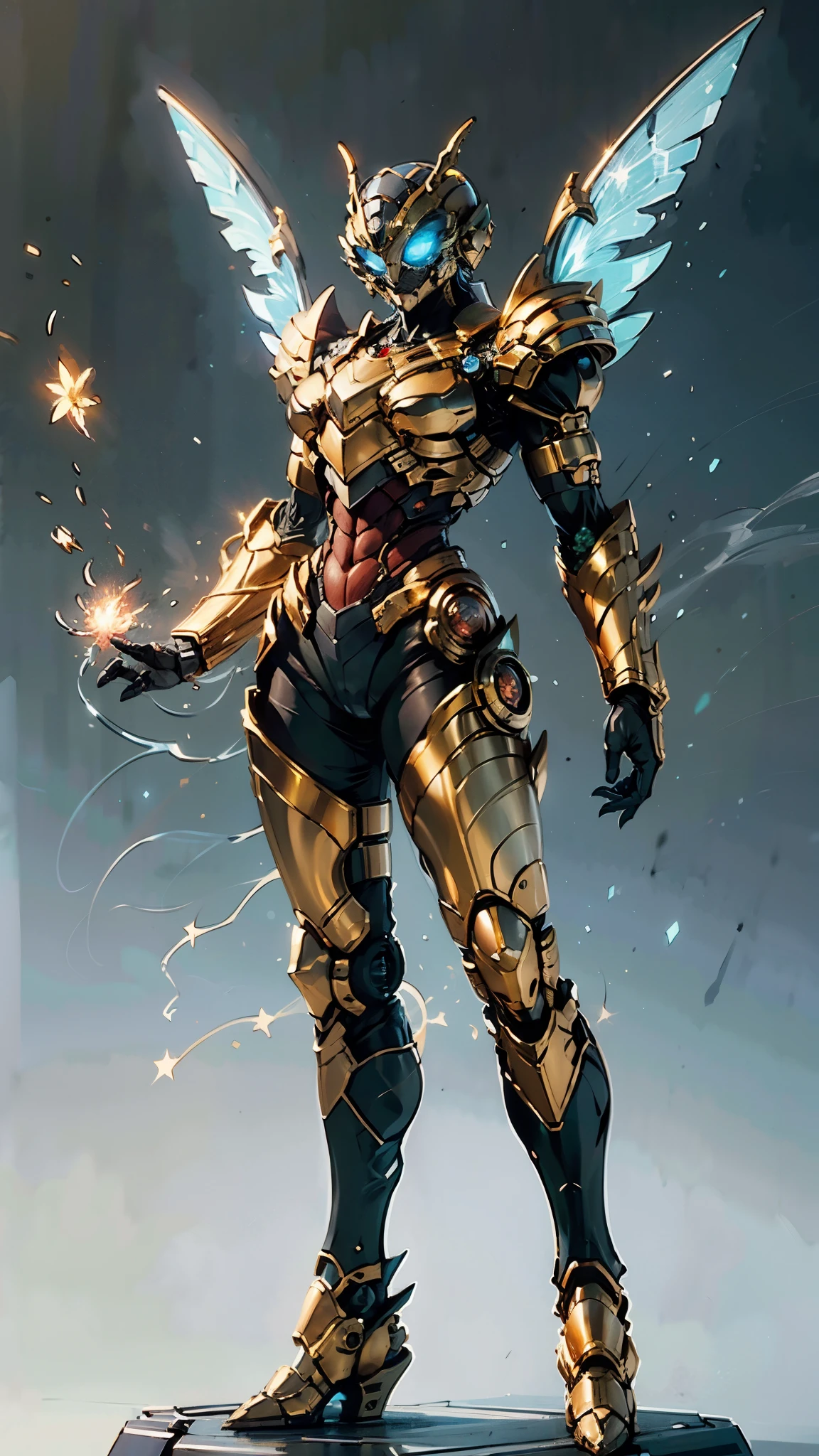 A woman adorned in fantasy-style full-body armor, a crown-concept fully enclosed helmet that unveils only her eyes, a composite layered chest plate, fully encompassing shoulder and hand guards, a lightweight waist armor, form-fitting shin guards, the overall design is heavy-duty yet flexible, (the armor gleams with a golden glow, complemented by red and blue accents), exhibiting a noble aura, she floats above a fantasy-surreal high-tech city, this character embodies a finely crafted fantasy-surreal style armored hero in anime style, exquisite and mature manga art style, (mixture of Queen bee and Spider concept Armor, plasma), ((Element, elegant, goddess, femminine:1.5)), metallic, high definition, best quality, highres, ultra-detailed, ultra-fine painting, extremely delicate, professional, anatomically correct, symmetrical face, extremely detailed eyes and face, high quality eyes, creativity, RAW photo, UHD, 32k, Natural light, cinematic lighting, masterpiece-anatomy-perfect, masterpiece:1.5
