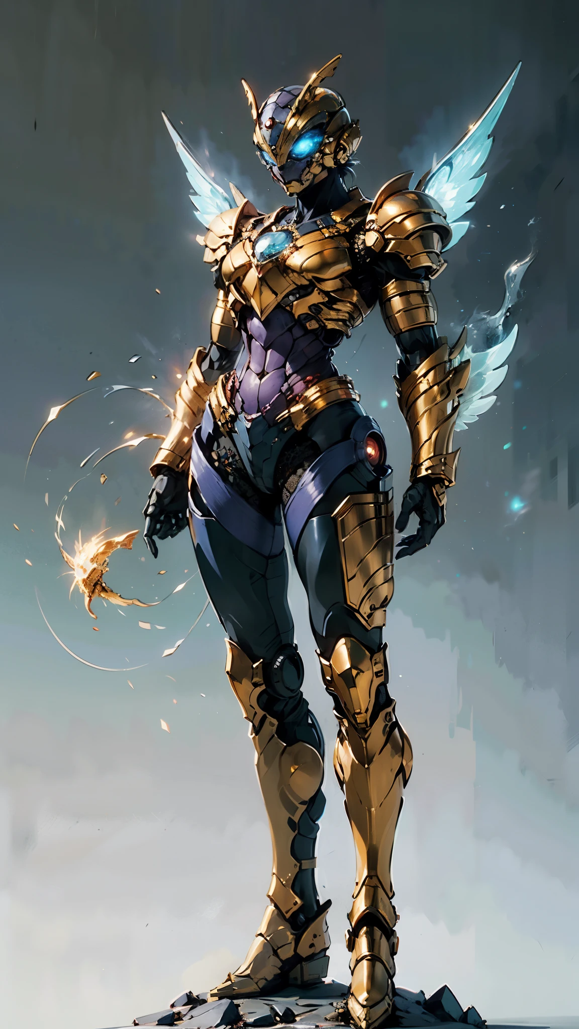 A woman adorned in fantasy-style full-body armor, a crown-concept fully enclosed helmet that unveils only her eyes, a composite layered chest plate, fully encompassing shoulder and hand guards, a lightweight waist armor, form-fitting shin guards, the overall design is heavy-duty yet flexible, (the armor gleams with a golden glow, complemented by red and blue accents), exhibiting a noble aura, she floats above a fantasy-surreal high-tech city, this character embodies a finely crafted fantasy-surreal style armored hero in anime style, exquisite and mature manga art style, (mixture of Queen bee and Spider concept Armor, plasma), ((Element, elegant, goddess, femminine:1.5)), metallic, high definition, best quality, highres, ultra-detailed, ultra-fine painting, extremely delicate, professional, anatomically correct, symmetrical face, extremely detailed eyes and face, high quality eyes, creativity, RAW photo, UHD, 32k, Natural light, cinematic lighting, masterpiece--perfect, masterpiece:1.5