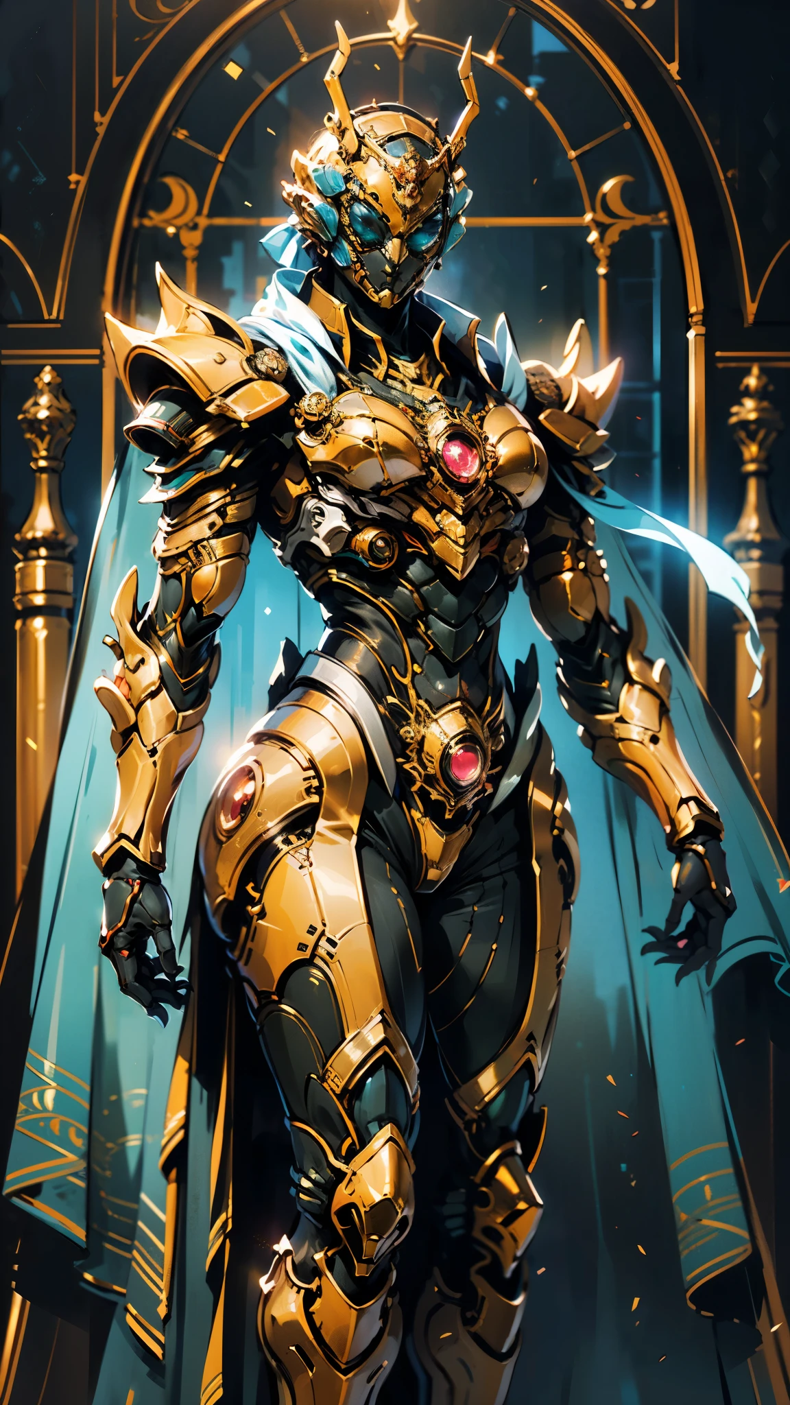 A woman adorned in fantasy-style full-body armor, a crown-concept fully enclosed helmet that unveils only her eyes, a composite layered chest plate, fully encompassing shoulder and hand guards, a lightweight waist armor, form-fitting shin guards, the overall design is heavy-duty yet flexible, (the armor gleams with a golden glow, complemented by red and blue accents), exhibiting a noble aura, she floats above a fantasy-surreal high-tech city, this character embodies a finely crafted fantasy-surreal style armored hero in anime style, exquisite and mature manga art style, (mixture of Queen bee and Spider concept Armor, plasma), ((Element, elegant, goddess, femminine:1.5)), metallic, high definition, best quality, highres, ultra-detailed, ultra-fine painting, extremely delicate, professional, anatomically correct, symmetrical face, extremely detailed eyes and face, high quality eyes, creativity, RAW photo, UHD, 32k, Natural light, cinematic lighting, masterpiece-anatomy-perfect, masterpiece:1.5
