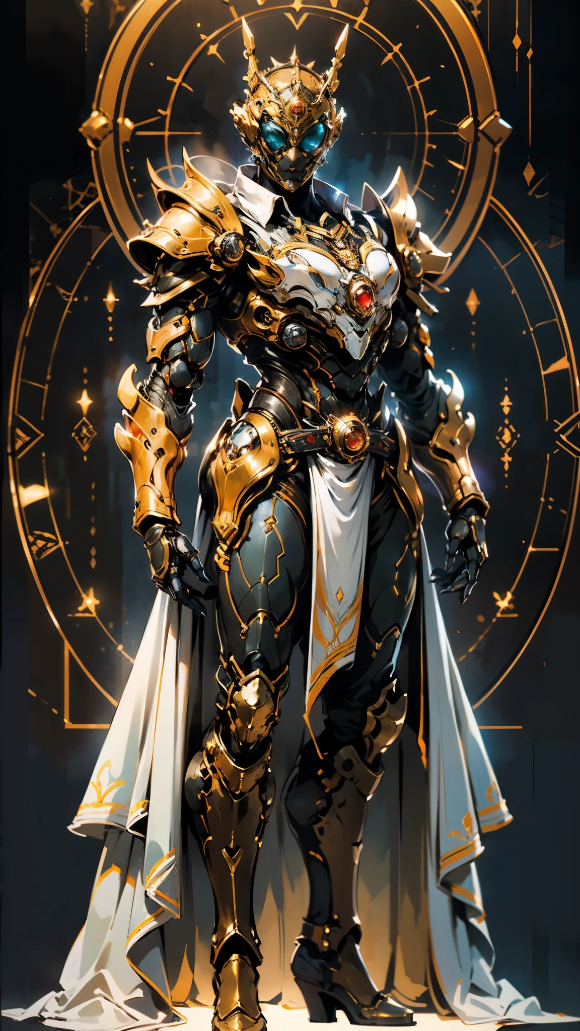 A woman adorned in fantasy-style full-body armor, a crown-concept fully enclosed helmet that unveils only her eyes, a composite layered chest plate, fully encompassing shoulder and hand guards, a lightweight waist armor, form-fitting shin guards, the overall design is heavy-duty yet flexible, (the armor gleams with a golden glow, complemented by red and blue accents), exhibiting a noble aura, she floats above a fantasy-surreal high-tech city, this character embodies a finely crafted fantasy-surreal style armored hero in anime style, exquisite and mature manga art style, (mixture of Queen bee and Spider concept Armor, plasma), ((Element, elegant, goddess, femminine:1.5)), metallic, high definition, best quality, highres, ultra-detailed, ultra-fine painting, extremely delicate, professional, anatomically correct, symmetrical face, extremely detailed eyes and face, high quality eyes, creativity, RAW photo, UHD, 32k, Natural light, cinematic lighting, masterpiece-anatomy-perfect, masterpiece:1.5