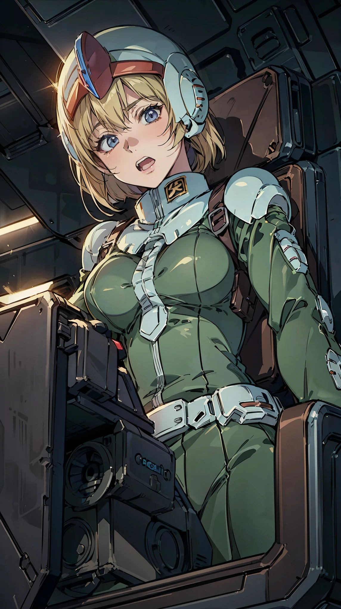 (((masterpiece,highest quality,In 8K,super detailed,High resolution,anime style,Absolutely))),Zeon female pilot sitting in the cockpit,(solo:1.5),(Angelina jolie:1.5),(((The background is the cockpit of a dark mobile suit.:1.5))),((blur background:1.5)),(Wearing a pilot suit:1.5),((Wearing a full-face helmet:1.5)),(Beautiful woman:1.5),(Detailed facial depiction:1.5),(big breasts:1.3),(wallpaper:1.5),(from below:1.5)