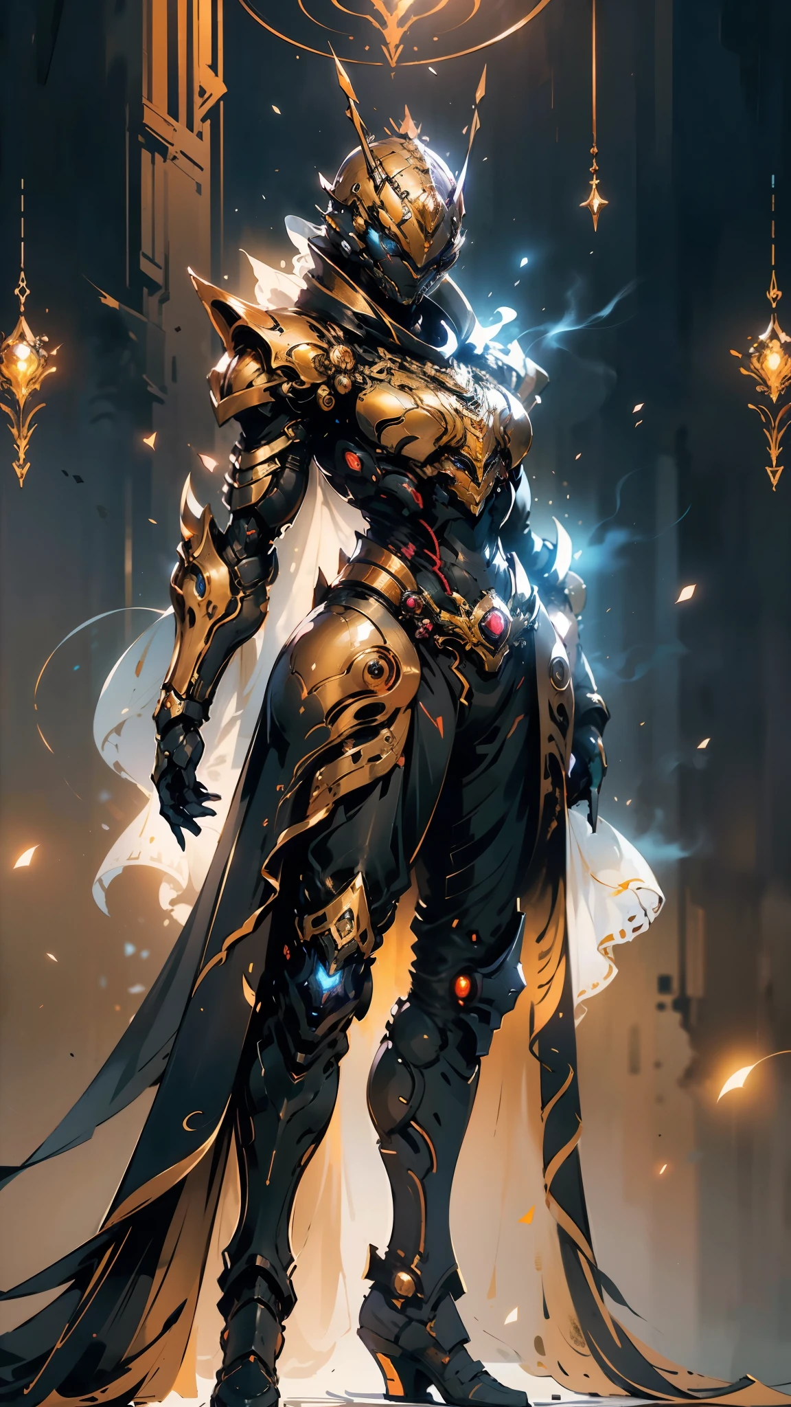 A woman adorned in fantasy-style full-body armor, a crown-concept fully enclosed helmet that unveils only her eyes, a composite layered chest plate, fully encompassing shoulder and hand guards, a lightweight waist armor, form-fitting shin guards, the overall design is heavy-duty yet flexible, (the armor gleams with a golden glow, complemented by red and blue accents), exhibiting a noble aura, she floats above a fantasy-surreal high-tech city, this character embodies a finely crafted fantasy-surreal style armored hero in anime style, exquisite and mature manga art style, (mixture of Queen bee and Spider concept Armor, plasma), ((Element, elegant, goddess, femminine:1.5)), metallic, high definition, best quality, highres, ultra-detailed, ultra-fine painting, extremely delicate, professional, anatomically correct, symmetrical face, extremely detailed eyes and face, high quality eyes, creativity, RAW photo, UHD, 32k, Natural light, cinematic lighting, masterpiece-anatomy-perfect, masterpiece:1.5