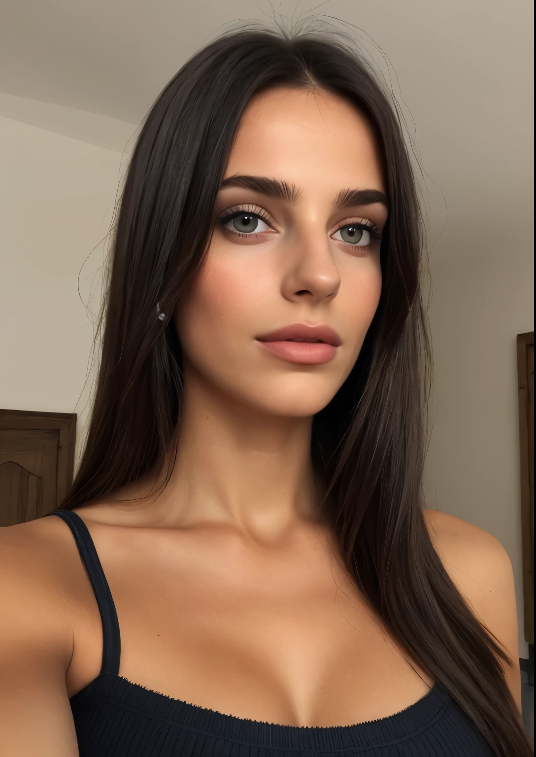 pris avec un appareil photo iPhone BREAK selfie photo moyen d'une jolie jeune femme BREAK (Ombre:1.3) brune BREAK film grain, Medium quality, yeux vert, dark straight hair, libanaise, marocaine, dark skin, peau matte, realistic, visage naturel, visage realistic