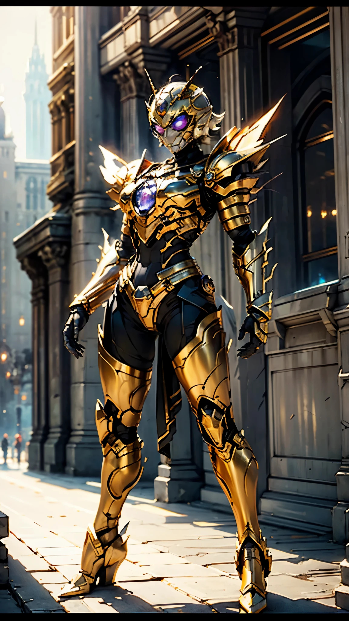 A woman adorned in fantasy-style full-body armor, a crown-concept fully enclosed helmet that unveils only her eyes, a composite layered chest plate, fully encompassing shoulder and hand guards, a lightweight waist armor, form-fitting shin guards, the overall design is heavy-duty yet flexible, (the armor gleams with a golden glow, complemented by red and blue accents), exhibiting a noble aura, she floats above a fantasy-surreal high-tech city, this character embodies a finely crafted fantasy-surreal style armored hero in anime style, exquisite and mature manga art style, (mixture of Queen bee and Spider concept Armor, plasma), ((Element, elegant, goddess, femminine:1.5)), metallic, high definition, best quality, highres, ultra-detailed, ultra-fine painting, extremely delicate, professional, anatomically correct, symmetrical face, extremely detailed eyes and face, high quality eyes, creativity, RAW photo, UHD, 32k, Natural light, cinematic lighting, masterpiece-anatomy-perfect, masterpiece:1.5