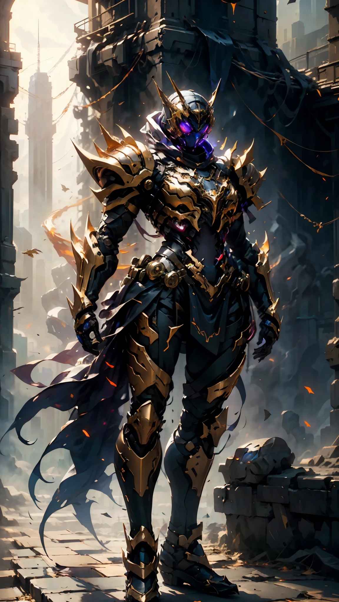 A woman adorned in fantasy-style full-body armor, a crown-concept fully enclosed helmet that unveils only her eyes, a composite layered chest plate, fully encompassing shoulder and hand guards, a lightweight waist armor, form-fitting shin guards, the overall design is heavy-duty yet flexible, (the armor gleams with a golden glow, complemented by red and blue accents), exhibiting a noble aura, she floats above a fantasy-surreal high-tech city, this character embodies a finely crafted fantasy-surreal style armored hero in anime style, exquisite and mature manga art style, (mixture of Queen bee and Spider concept Armor, plasma), ((Element, elegant, goddess, femminine:1.5)), metallic, high definition, best quality, highres, ultra-detailed, ultra-fine painting, extremely delicate, professional, anatomically correct, symmetrical face, extremely detailed eyes and face, high quality eyes, creativity, RAW photo, UHD, 32k, Natural light, cinematic lighting, masterpiece-anatomy-perfect, masterpiece:1.5