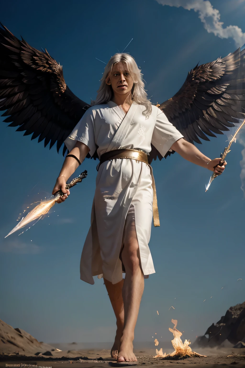 Cinematic shot of the archangel Michael standing victoriously in mid-air over a defeated Satan, eyes intense like flaming torches, striking face illuminating like lightning, sword raised powerfully with sunlight glinting off metal, white hair and robes blowing in supernatural wind, wings spread out mightily behind him, feet firmly planted on enemy's back, glowing with power and glory light rays emanating from skin in highly detailed digital illustration