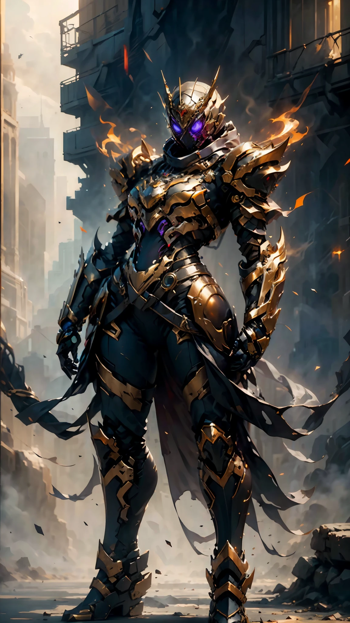 A woman adorned in fantasy-style full-body armor, a crown-concept fully enclosed helmet that unveils only her eyes, a composite layered chest plate, fully encompassing shoulder and hand guards, a lightweight waist armor, form-fitting shin guards, the overall design is heavy-duty yet flexible, (the armor gleams with a golden glow, complemented by red and blue accents), exhibiting a noble aura, she floats above a fantasy-surreal high-tech city, this character embodies a finely crafted fantasy-surreal style armored hero in anime style, exquisite and mature manga art style, (mixture of Queen bee and Spider concept Armor, plasma), ((Element, elegant, goddess, femminine:1.5)), metallic, high definition, best quality, highres, ultra-detailed, ultra-fine painting, extremely delicate, professional, anatomically correct, symmetrical face, extremely detailed eyes and face, high quality eyes, creativity, RAW photo, UHD, 32k, Natural light, cinematic lighting, masterpiece-anatomy-perfect, masterpiece:1.5