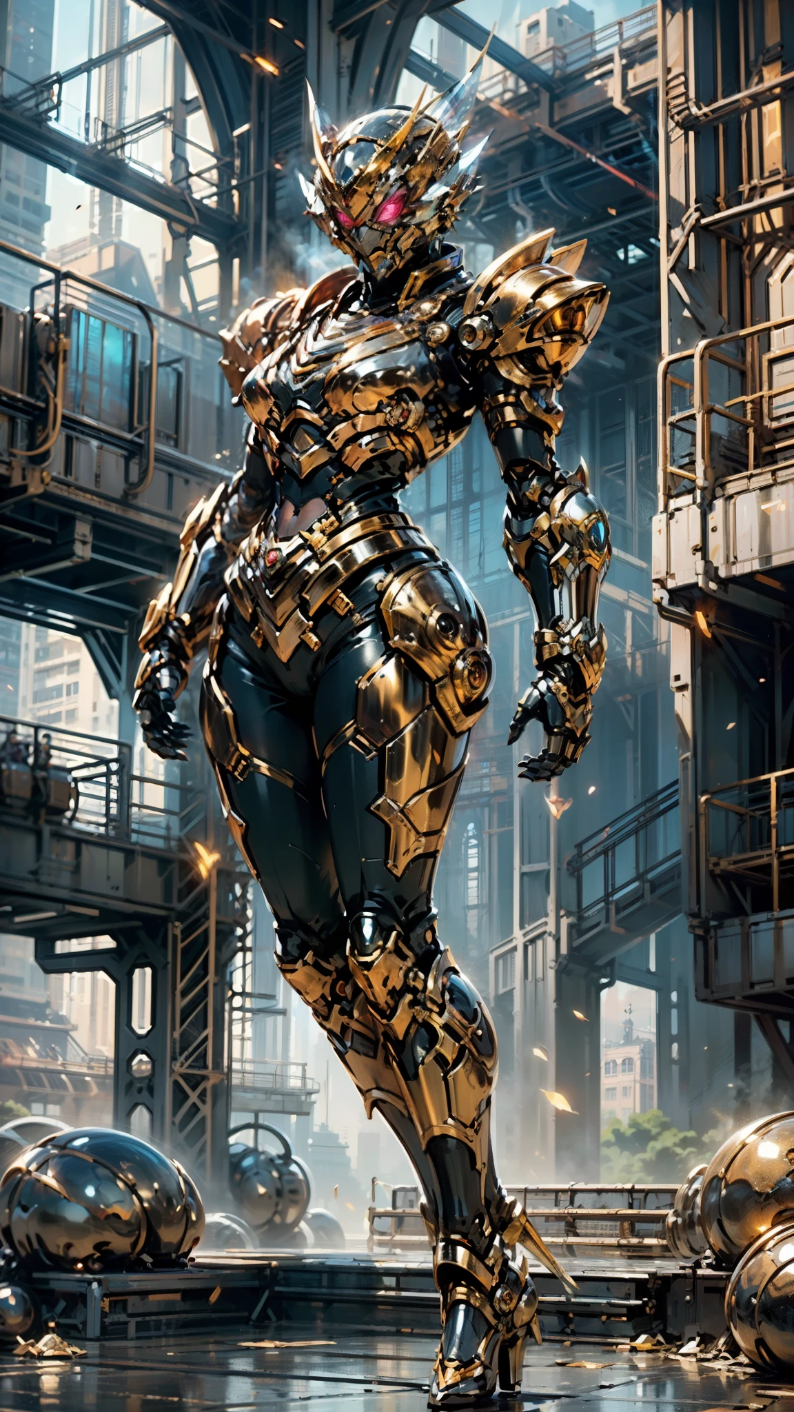 A woman adorned in fantasy-style full-body armor, a crown-concept fully enclosed helmet that unveils only her eyes, a composite layered chest plate, fully encompassing shoulder and hand guards, a lightweight waist armor, form-fitting shin guards, the overall design is heavy-duty yet flexible, (the armor gleams with a golden glow, complemented by red and blue accents), exhibiting a noble aura, she floats above a fantasy-surreal high-tech city, this character embodies a finely crafted fantasy-surreal style armored hero in anime style, exquisite and mature manga art style, (mixture of Queen bee and Spider concept Armor, plasma), ((Element, elegant, goddess, femminine:1.5)), metallic, high definition, best quality, highres, ultra-detailed, ultra-fine painting, extremely delicate, professional, anatomically correct, symmetrical face, extremely detailed eyes and face, high quality eyes, creativity, RAW photo, UHD, 32k, Natural light, cinematic lighting, masterpiece-anatomy-perfect, masterpiece:1.5