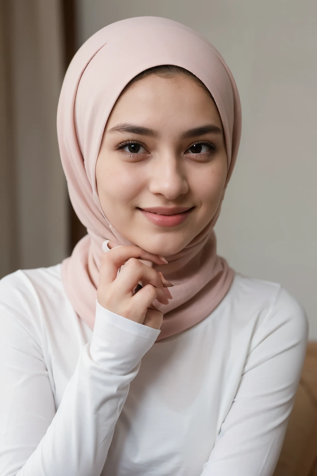 ((best quality)), ((masterpiece)), (detailed), perfect face, a muslim hijab girl, using a syar'i hijab, no hair, long-sleeved clothes, pink hijab and long white t-shirt, all body parts covered except hands and face, round eye, 21 year old, facing forward to camera, cute face, sweet smile, close up