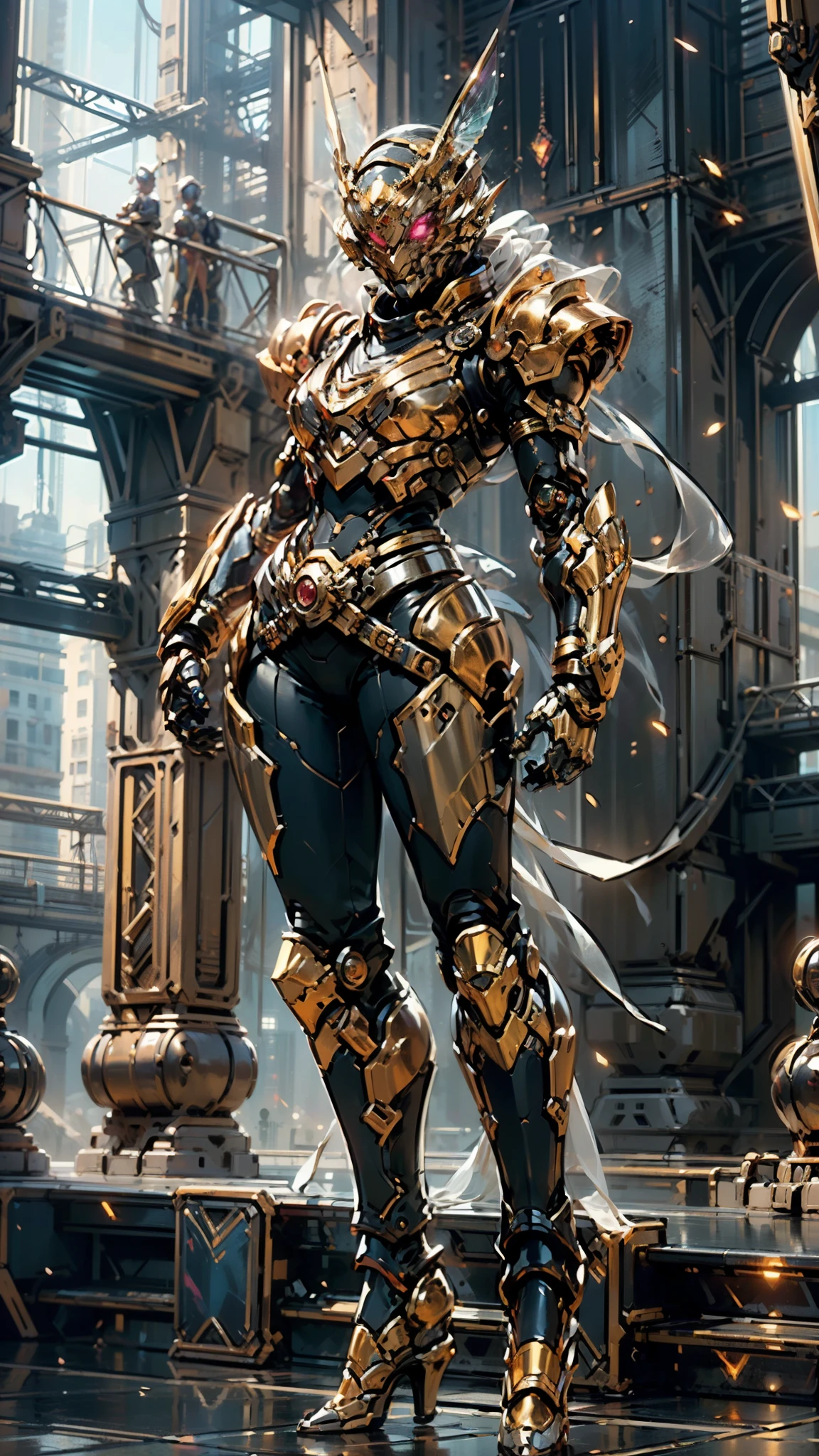 A woman adorned in fantasy-style full-body armor, a crown-concept fully enclosed helmet that unveils only her eyes, a composite layered chest plate, fully encompassing shoulder and hand guards, a lightweight waist armor, form-fitting shin guards, the overall design is heavy-duty yet flexible, (the armor gleams with a golden glow, complemented by red and blue accents), exhibiting a noble aura, she floats above a fantasy-surreal high-tech city, this character embodies a finely crafted fantasy-surreal style armored hero in anime style, exquisite and mature manga art style, (mixture of Queen bee and Spider concept Armor, plasma), ((Element, elegant, goddess, femminine:1.5)), metallic, high definition, best quality, highres, ultra-detailed, ultra-fine painting, extremely delicate, professional, anatomically correct, symmetrical face, extremely detailed eyes and face, high quality eyes, creativity, RAW photo, UHD, 32k, Natural light, cinematic lighting, masterpiece-anatomy-perfect, masterpiece:1.5