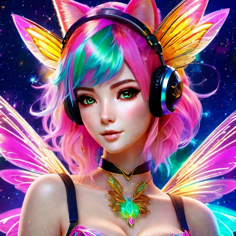 Create a stunning image of a charming nekomimi woman with vibrant neon hair, captivating brown eyes, adorned in a pixie fairy style with delicate fairy wings. Render her as a full-body realistic animal with intricate detail, exuding an aura of cuteness, beauty, and allure