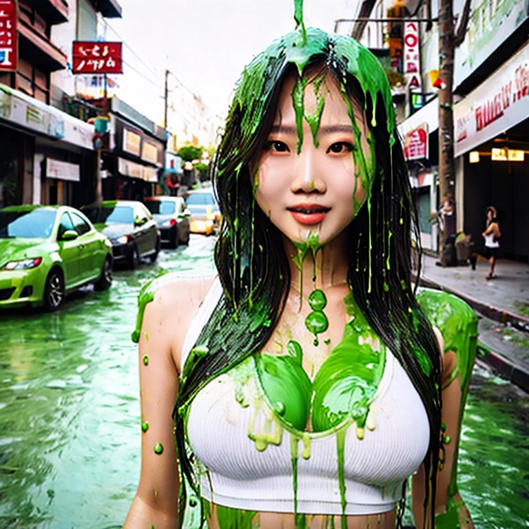 (masterpiece, best quality:1.2), 21yo asian woman, beautiful eyes, delicate face, wearing white tank top, cleavage, she is covered in dripping green goo, thick sludge, dripping green slime, photorealistic, hyper realism, extremely detailed, portrait photograph