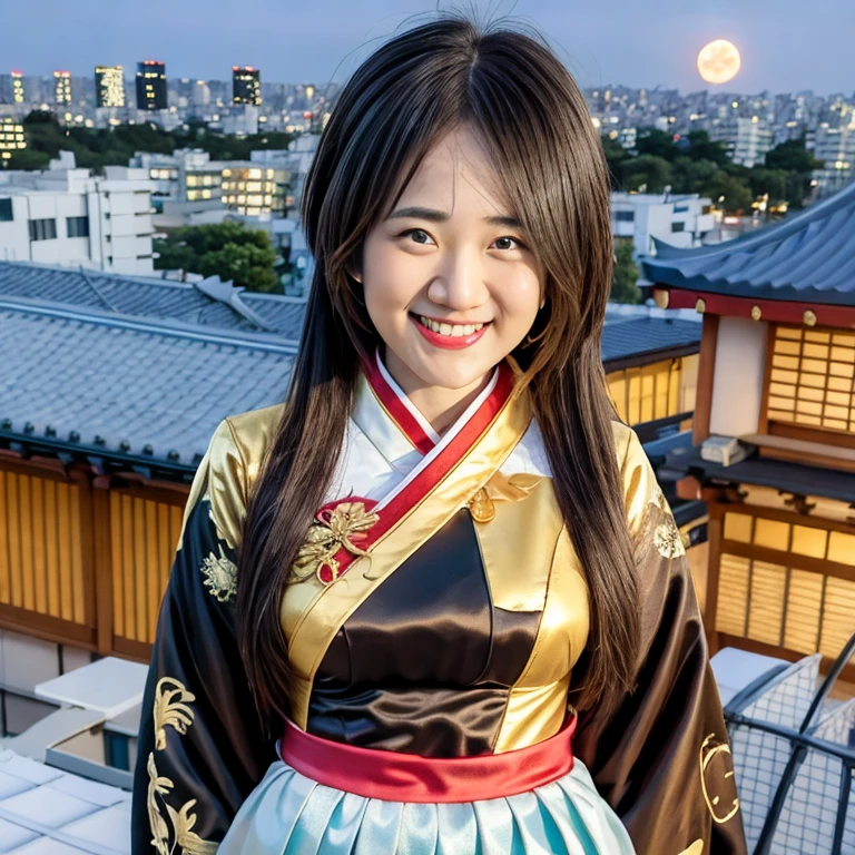 A woman , grin face, stand , cover a miku costume on the house roof, full moon night ,Tokyo, Japan, Realistic and sharp