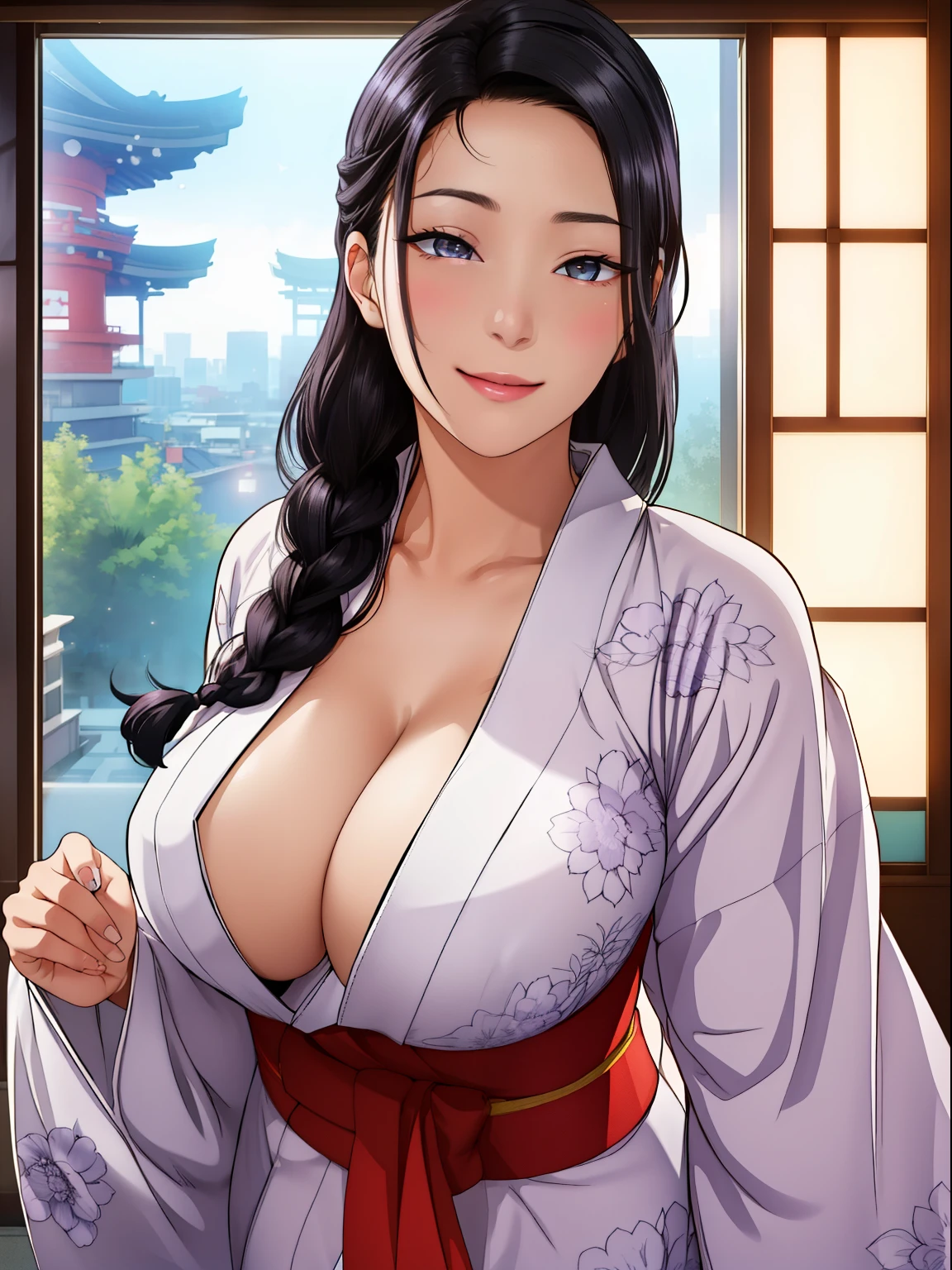 (night:1.7), Japan, Tokyo, City view, in front of the window,
looking at the viewer, (fascinating look:1.2), Happy, 笑face,
(white_kimono:1.3),cleavage,
black_hair, length_hair, hair_pulled_return,Broke up_lips,purple_eye, Braid,
1 girl, 24-years-old,mature woman,beautiful Finger,beautiful length legs,beautiful body,beautiful Nose,beautiful character design, perfect eye, perfect face, perfect fingers, perfect hands, 完璧なchest, perfect body,
looking at the viewer, in the center of the image,
NSFW,official art,highly detailed body, exteremly detailed face, extremely detailed hair, extremely detailed eye, wallpaper, perfect lighting,colorful, bright_front_face_lit,
(masterpiece:1.0),(Highest_quality:1.0), 超High resolution,4k,super detailed,
photograph, 8k, HDR, High resolution, disorganized:1.2, kodak portrait 400, film grain, blurry returnground, Bokeh:1.2, Lens flare, (lively_color:1.2)
(beautiful,big_chest:1.4), (beautiful_face:1.5),(narrow_waist),