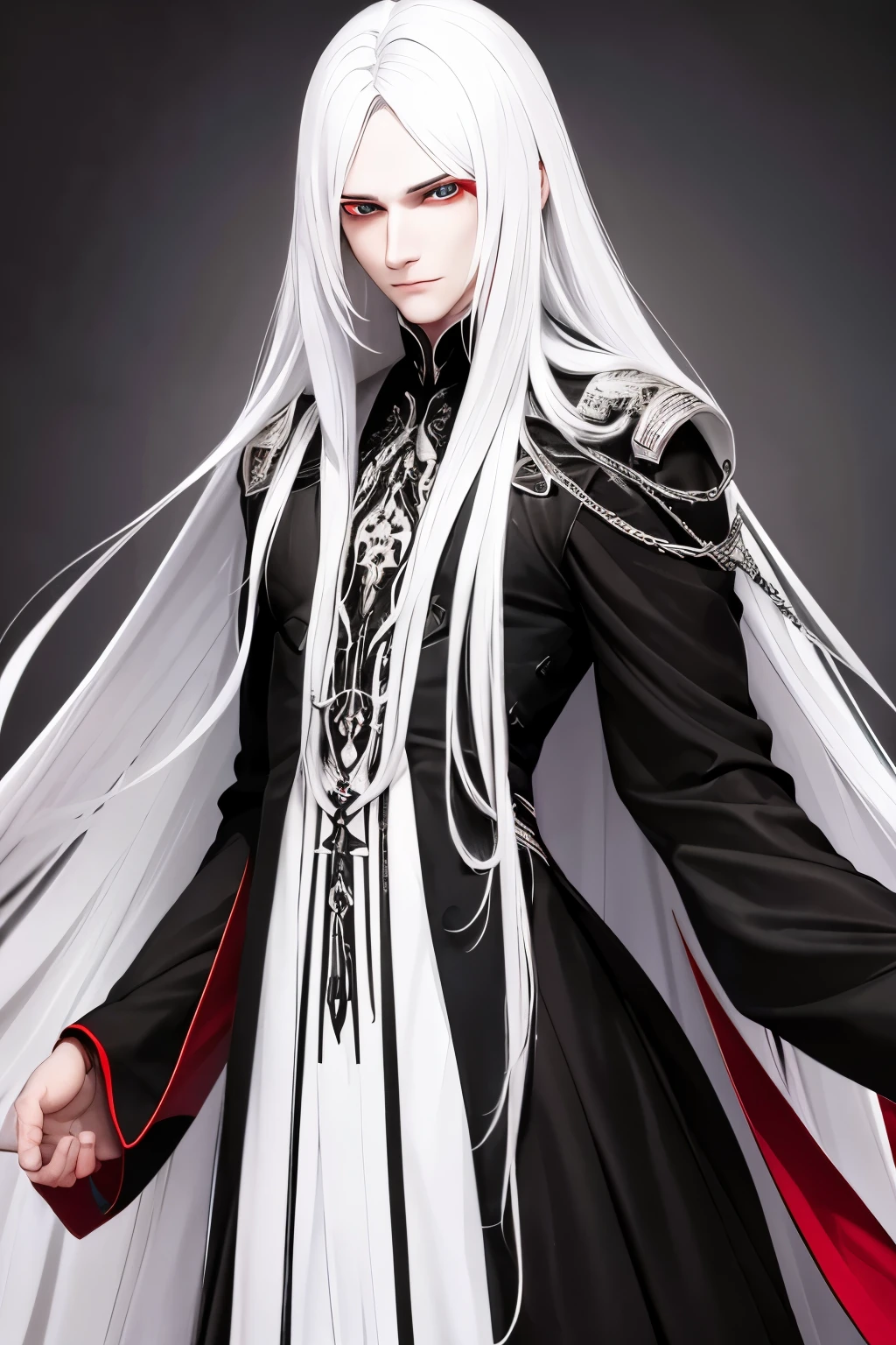 guy, black gothic king clothes, long white hair, black veins, crimson ruby eyes. sorcerer, men