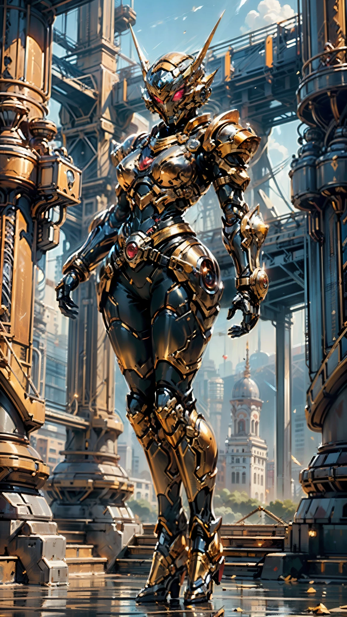 A woman adorned in fantasy-style full-body armor, a crown-concept fully enclosed helmet that unveils only her eyes, a composite layered chest plate, fully encompassing shoulder and hand guards, a lightweight waist armor, form-fitting shin guards, the overall design is heavy-duty yet flexible, (the armor gleams with a golden glow, complemented by red and blue accents), exhibiting a noble aura, she floats above a fantasy-surreal high-tech city, this character embodies a finely crafted fantasy-surreal style armored hero in anime style, exquisite and mature manga art style, (mixture of Queen bee and Spider concept Armor, plasma), ((Element, elegant, goddess, femminine:1.5)), metallic, high definition, best quality, highres, ultra-detailed, ultra-fine painting, extremely delicate, professional, anatomically correct, symmetrical face, extremely detailed eyes and face, high quality eyes, creativity, RAW photo, UHD, 32k, Natural light, cinematic lighting, masterpiece-anatomy-perfect, masterpiece:1.5