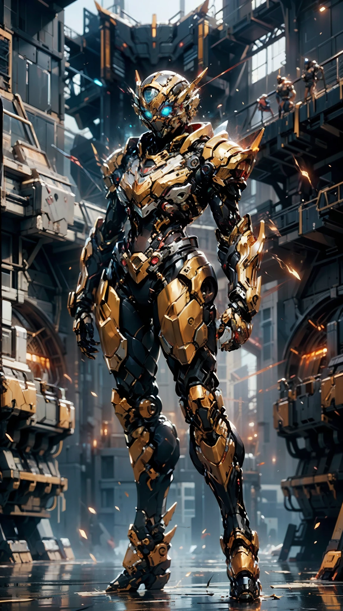 A woman adorned in fantasy-style full-body armor, a crown-concept fully enclosed helmet that unveils only her eyes, a composite layered chest plate, fully encompassing shoulder and hand guards, a lightweight waist armor, form-fitting shin guards, the overall design is heavy-duty yet flexible, (the armor gleams with a golden glow, complemented by red and blue accents), exhibiting a noble aura, she floats above a fantasy-surreal high-tech city, this character embodies a finely crafted fantasy-surreal style armored hero in anime style, exquisite and mature manga art style, (mixture of Queen bee and Spider concept Armor, plasma), ((Element, elegant, goddess, femminine:1.5)), metallic, high definition, best quality, highres, ultra-detailed, ultra-fine painting, extremely delicate, professional, anatomically correct, symmetrical face, extremely detailed eyes and face, high quality eyes, creativity, RAW photo, UHD, 32k, Natural light, cinematic lighting, masterpiece-anatomy-perfect, masterpiece:1.5