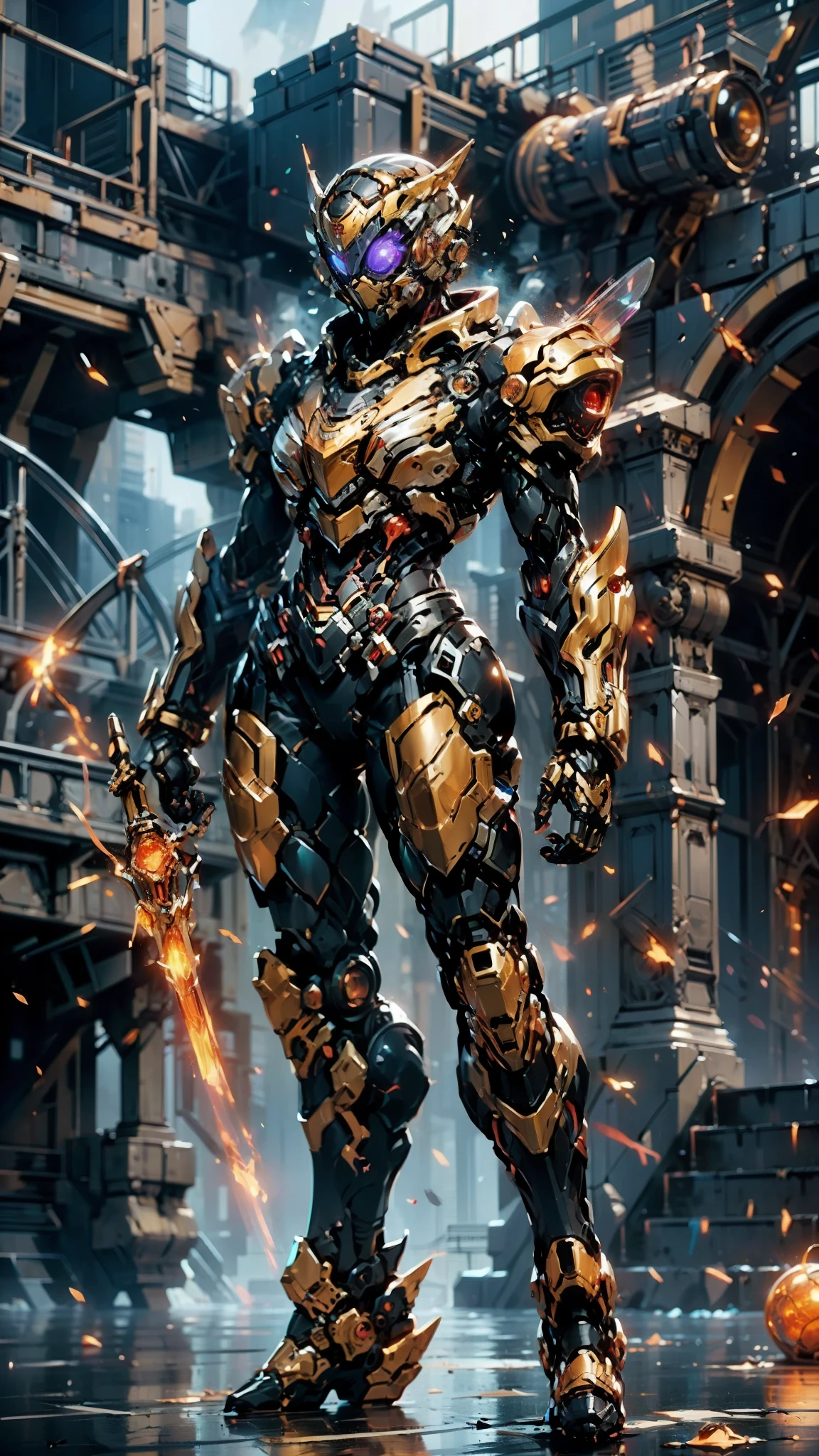A woman adorned in fantasy-style full-body armor, a crown-concept fully enclosed helmet that unveils only her eyes, a composite layered chest plate, fully encompassing shoulder and hand guards, a lightweight waist armor, form-fitting shin guards, the overall design is heavy-duty yet flexible, (the armor gleams with a golden glow, complemented by red and blue accents), exhibiting a noble aura, she floats above a fantasy-surreal high-tech city, this character embodies a finely crafted fantasy-surreal style armored hero in anime style, exquisite and mature manga art style, (mixture of Queen bee and Spider concept Armor, plasma), ((Element, elegant, goddess, femminine:1.5)), metallic, high definition, best quality, highres, ultra-detailed, ultra-fine painting, extremely delicate, professional, anatomically correct, symmetrical face, extremely detailed eyes and face, high quality eyes, creativity, RAW photo, UHD, 32k, Natural light, cinematic lighting, masterpiece-anatomy-perfect, masterpiece:1.5