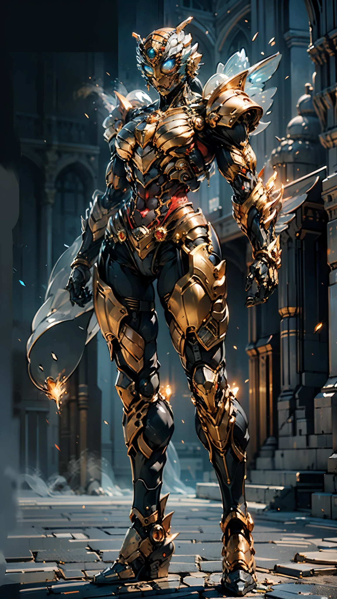 A woman adorned in fantasy-style full-body armor, a crown-concept fully enclosed helmet that unveils only her eyes, a composite layered chest plate, fully encompassing shoulder and hand guards, a lightweight waist armor, form-fitting shin guards, the overall design is heavy-duty yet flexible, (the armor gleams with a golden glow, complemented by red and blue accents), exhibiting a noble aura, she floats above a fantasy-surreal high-tech city, this character embodies a finely crafted fantasy-surreal style armored hero in anime style, exquisite and mature manga art style, (mixture of Queen bee and Spider concept Armor, plasma), ((Element, elegant, goddess, femminine:1.5)), metallic, high definition, best quality, highres, ultra-detailed, ultra-fine painting, extremely delicate, professional, anatomically correct, symmetrical face, extremely detailed eyes and face, high quality eyes, creativity, RAW photo, UHD, 32k, Natural light, cinematic lighting, masterpiece-anatomy-perfect, masterpiece:1.5