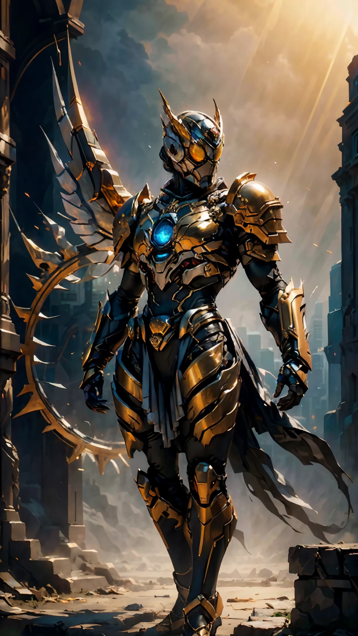 A woman adorned in fantasy-style full-body armor, a crown-concept fully enclosed helmet that unveils only her eyes, a composite layered chest plate, fully encompassing shoulder and hand guards, a lightweight waist armor, form-fitting shin guards, the overall design is heavy-duty yet flexible, (the armor gleams with a golden glow, complemented by red and blue accents), exhibiting a noble aura, she floats above a fantasy-surreal high-tech city, this character embodies a finely crafted fantasy-surreal style armored hero in anime style, exquisite and mature manga art style, (mixture of Queen bee and Spider concept Armor, plasma), ((Element, elegant, goddess, femminine:1.5)), metallic, high definition, best quality, highres, ultra-detailed, ultra-fine painting, extremely delicate, professional, anatomically correct, symmetrical face, extremely detailed eyes and face, high quality eyes, creativity, RAW photo, UHD, 32k, Natural light, cinematic lighting, masterpiece-anatomy-perfect, masterpiece:1.5