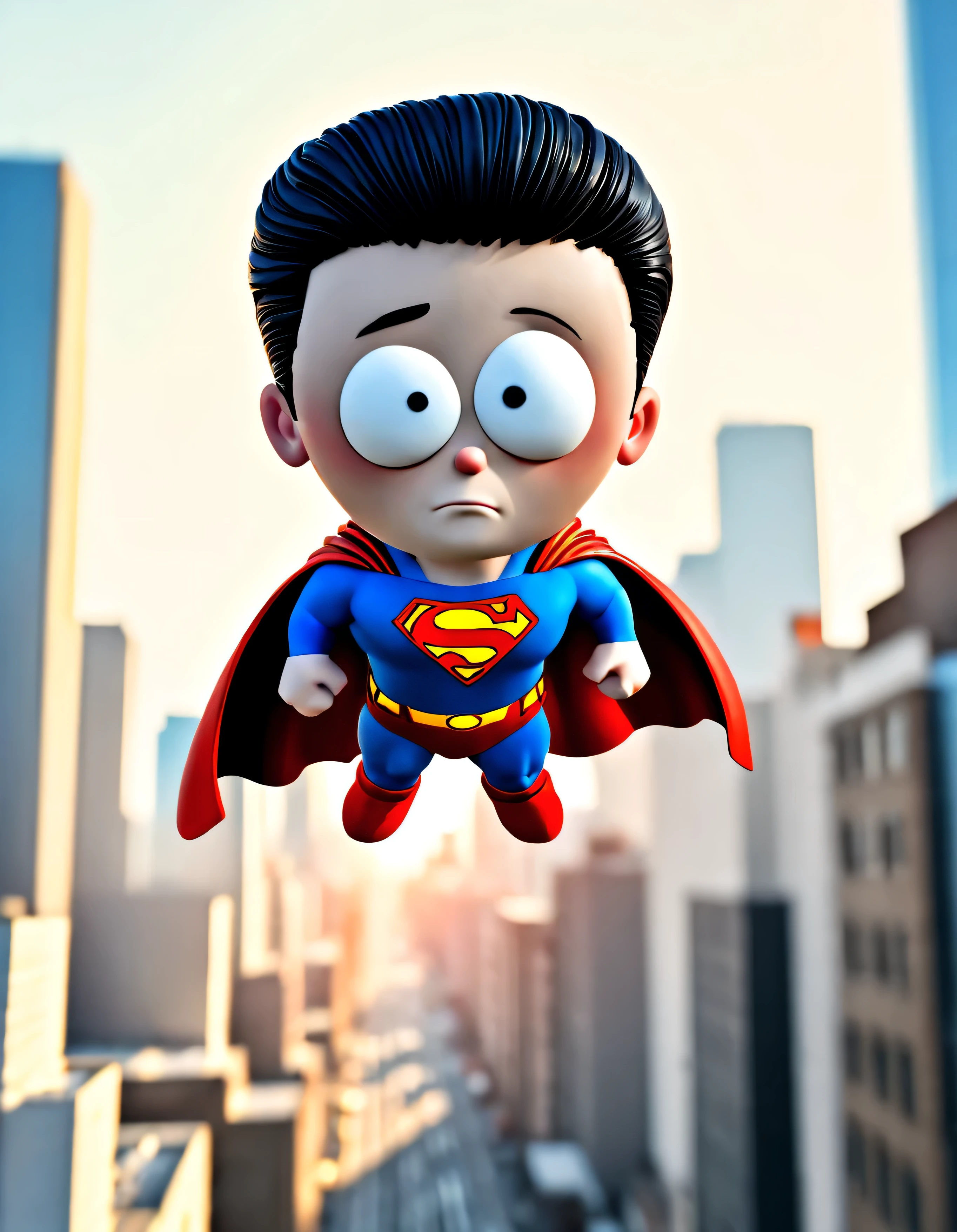 kenny as superman, city background, sunrise, highres, detailed, high saturation