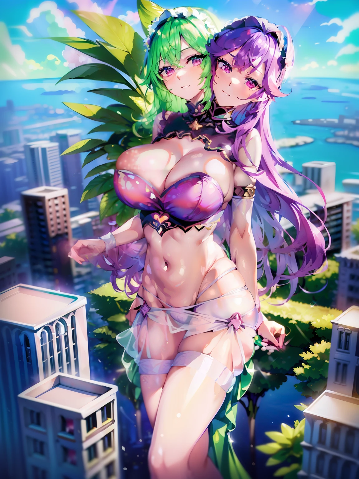 (masterpiece),(ultra-detailed), (high quality), (high resolution), ((2heads:1.5)), ((magenta hair)), ((glowing green eyes)), best quality:1.5, highres, UHD, 16K), smiling, highres, masterpiece, best quality, ear rings, slim hips, ((purple t shirt)), ((white crop top)), cleavage, ((very huge breasts)), ((city)), seductive expressions, ((lustrous and smooth skin)), giant girl, skyscrapers, ((giantess))