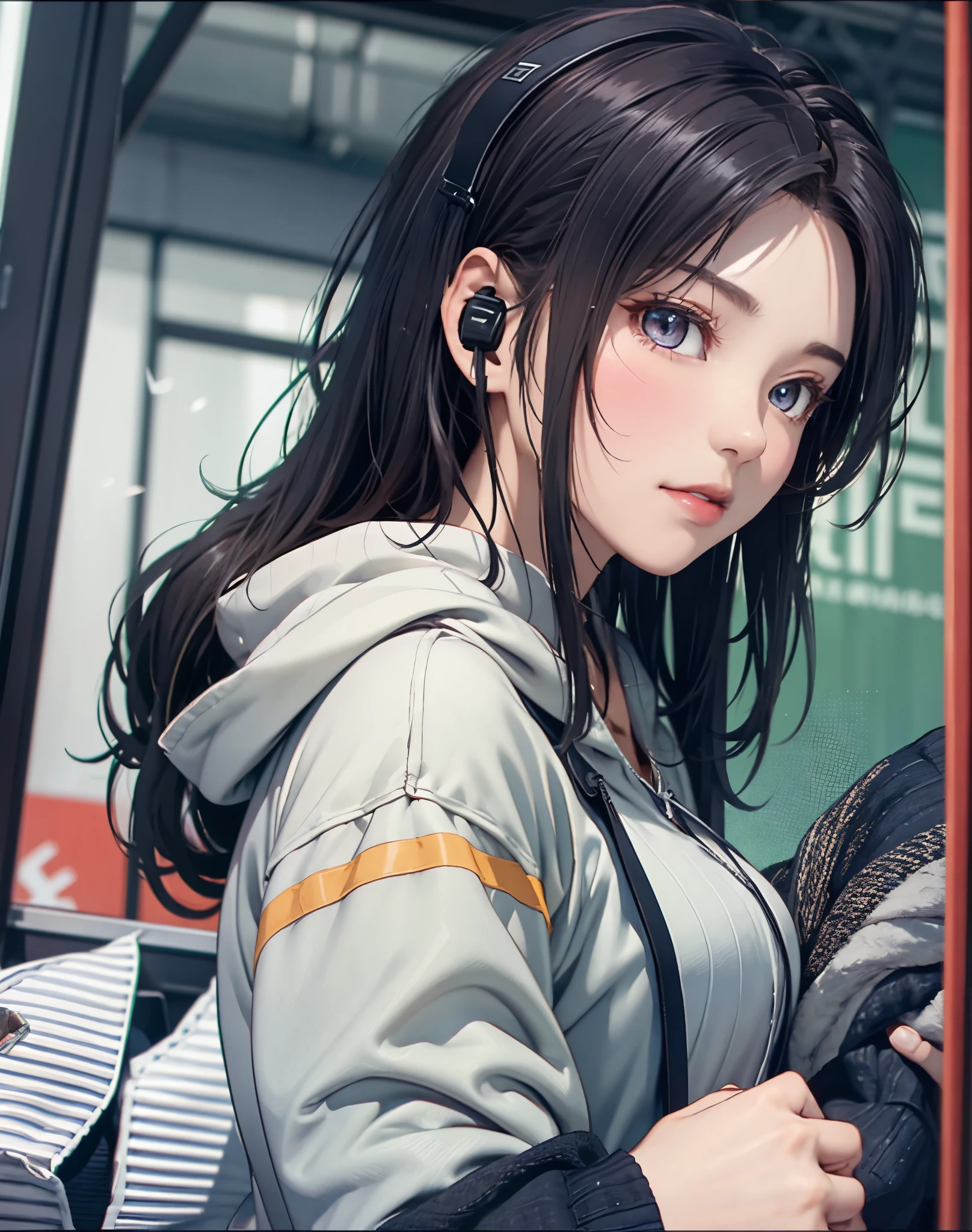 (masuter piece、side lights、ultra-detailliert、inely detailed beautiful eyes: 1.2)、1girl in、bags、buliding、from side、headphones、hoods、hood down、hooded jacket、parka、jaket、Long、orange color hair、redhair、独奏、train、inside of a car、The upper part of the body、​masterpiece、top-quality