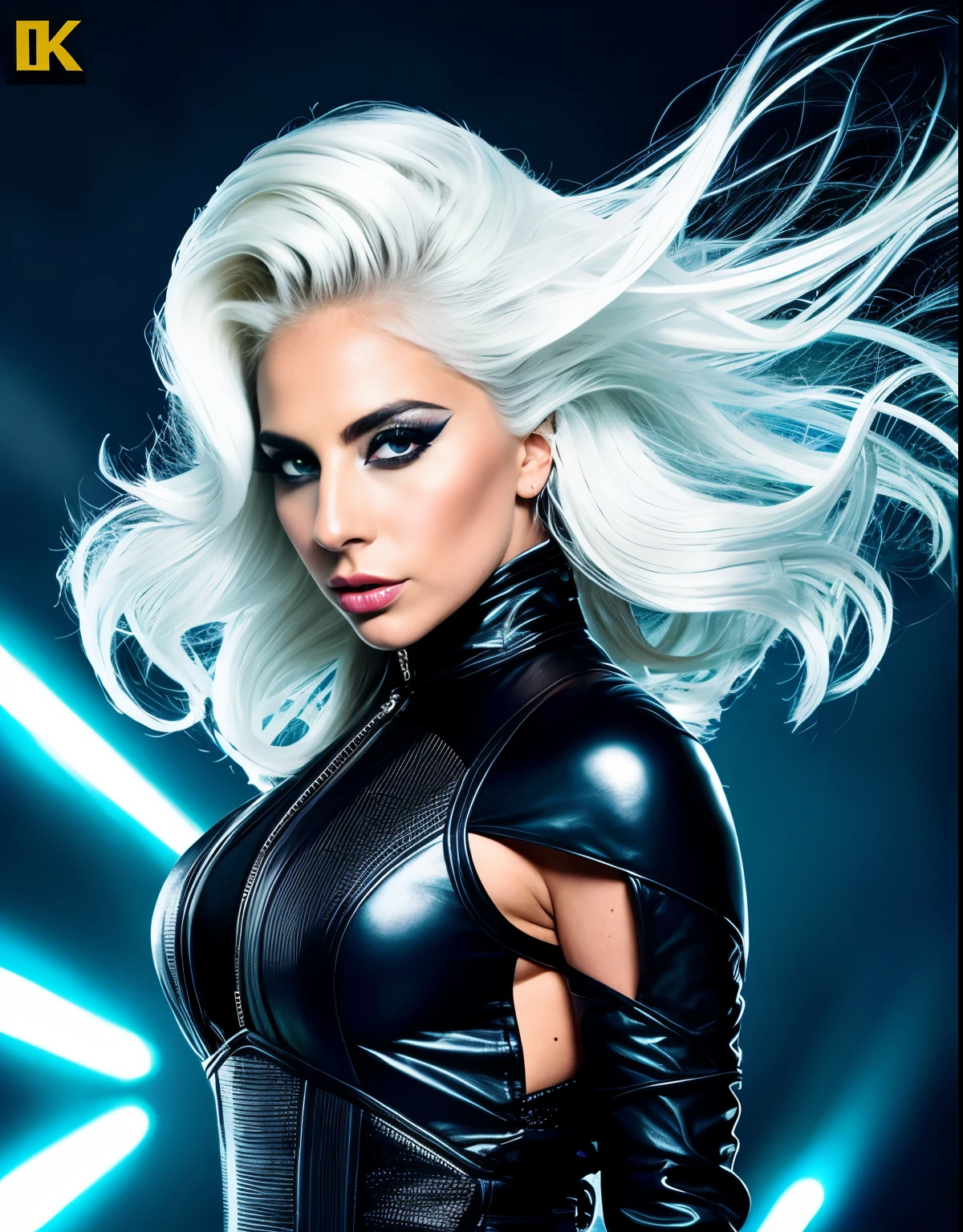 Lady GaGa traje de los xmen,CUERPO COMPLETO,textura 4K, cabello largo, calidad alta, cuerpo completo,varias poses corporales,rostro realista en 8k,peinado extravagante, Original album cover, imagen 8k, futurista, alta calidad de imagen, en la noche, accesorios en el cabello, imagen 8k, rostro realista en alta calidad, cuerpo completo, diferentes poses corporales, alta calidad en el rostro, rasgos definidos,HD, rostro realista y definido 4k, dramatic poses