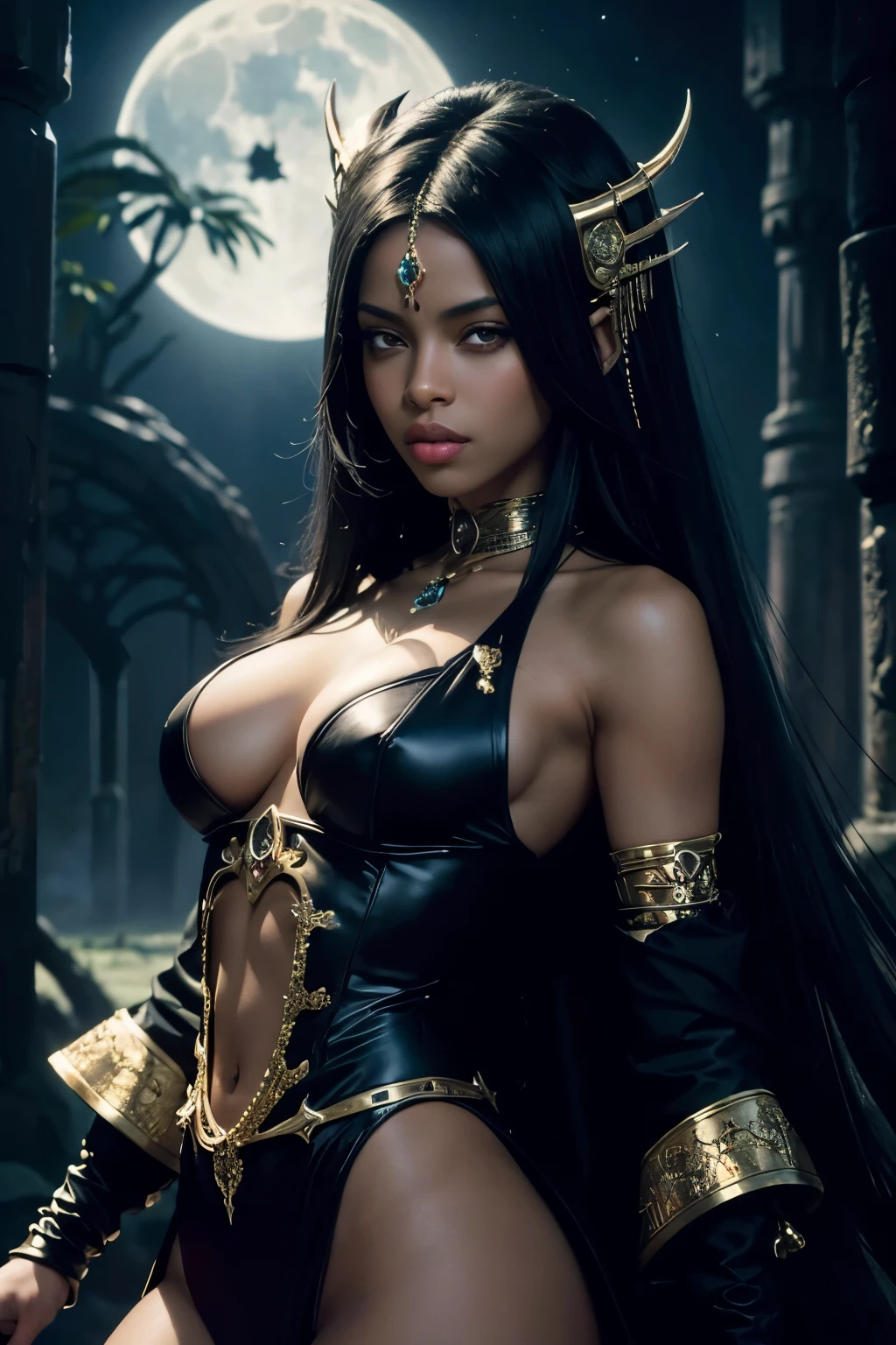 ((best quality)), ((masterpiece)), (detailed), ((Aaliyah)), (Anne Rice), queen of damned, akasha, queen vampire, brown skin, long black hair, ethereal beauty, perched on a cloud, (Fantasy Illustration: 1.3), charming look, captivating pose, vampire fangs, unearthly charm, dark ambient, moonlit night, soft colors, (high resolution:1.2)