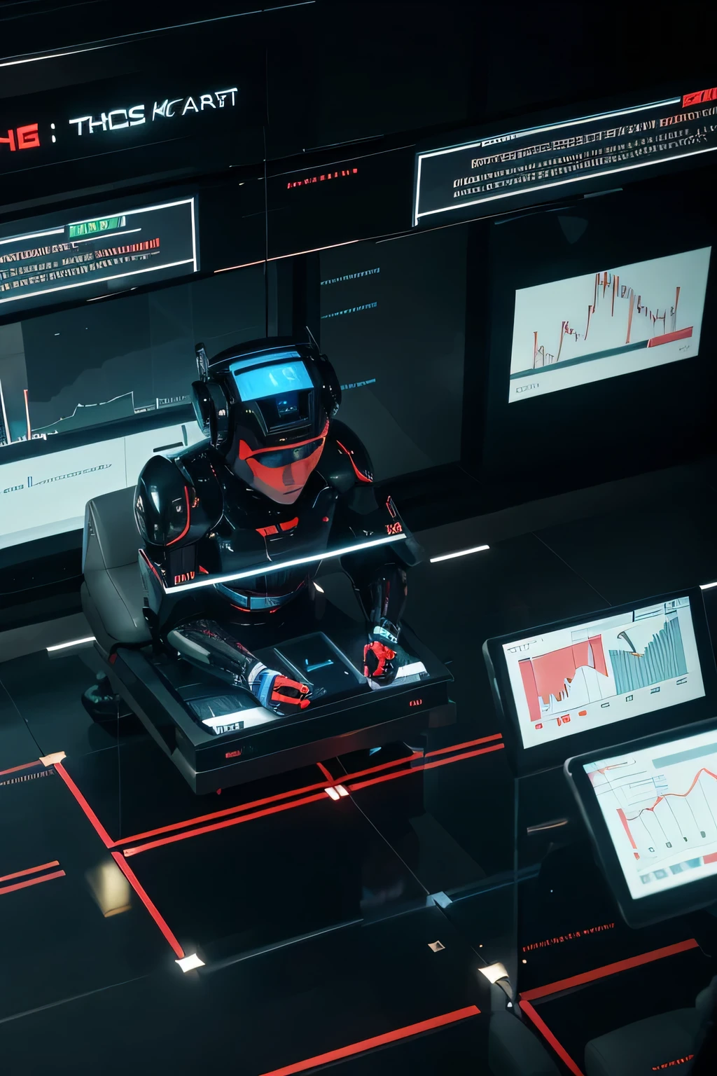 Create an image featuring a robot analyzing multiple charts and graphs in the context of stock trading on a bustling exchange floor. Capture the essence of data-driven decision-making and the dynamic nature of financial markets.