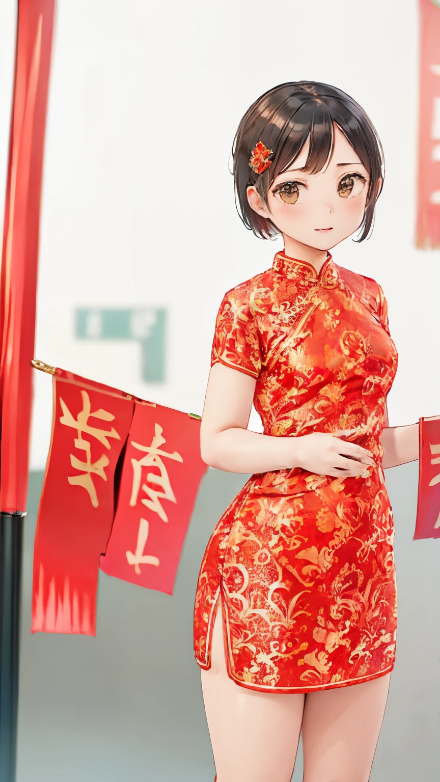 Junior high school girl with black hair and short bob、small breasts、red flag robe、red hair ornament、downtown china