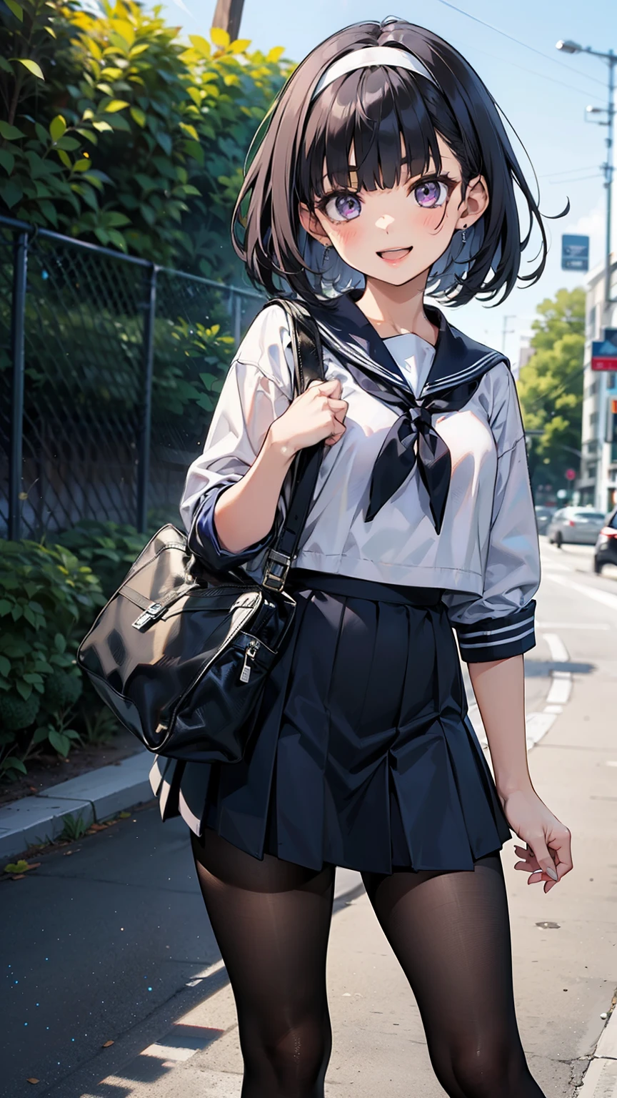 sailor suit, one woman, (a beauty woman, delicate :1.3), black hair, bob cut, Bangs Patsun, 8K, highest quality, masterpiece, Super detailed, ultra high resolution, realistic, RAW photo, absolute resolution, small face compared to body (4:1), very small face (4:1), The face is balanced, black hair, sailor suit, navy blue skirt, realistic女子高生, ((white headband)), small breasts, tall, slanted eyes, purple eyes, (In front of the school gate), (black stockings), open your mouth, smile, stand, school bag, wave your hand in the direction of your gaze, 