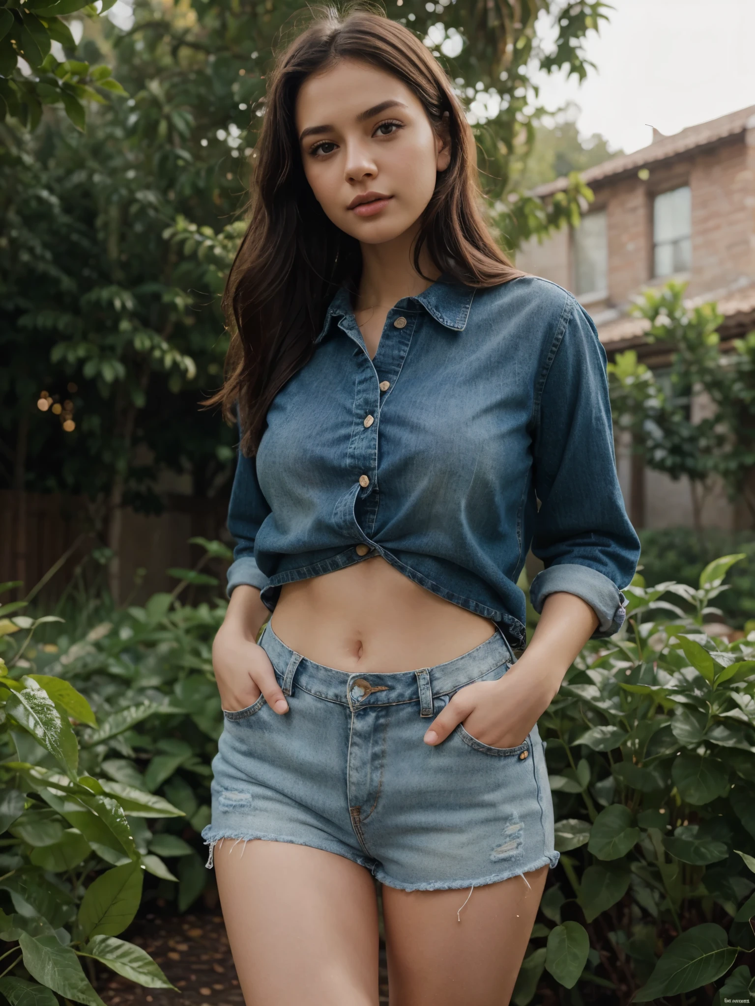 cute sexi girl, brown eyes, small breasts, wearing low waist mini denim shorts, wider than normal lips,illustration,ultra-detailed,realistic colors,soft lighting,green garden background
