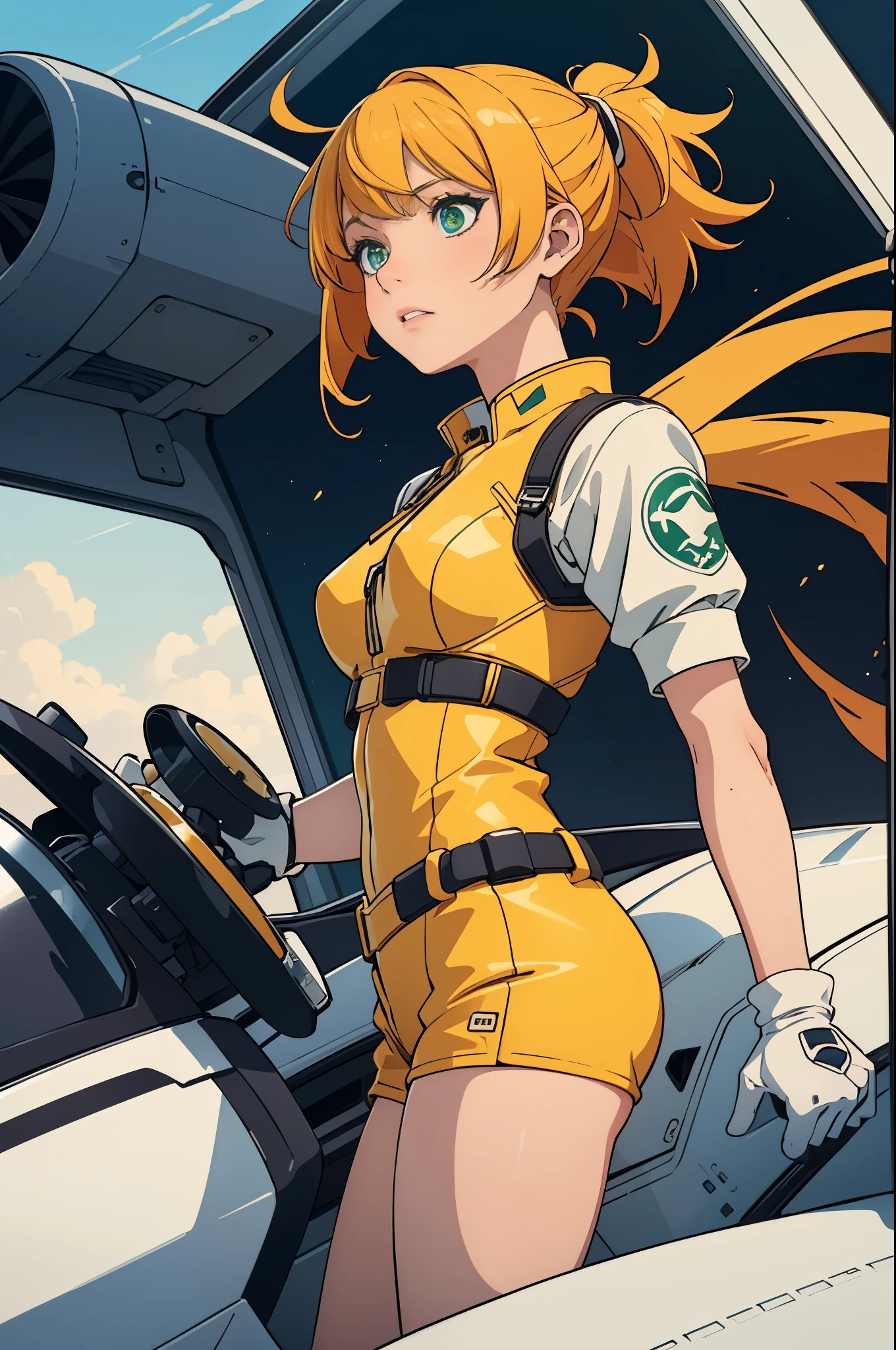 (masterpiece),( best quality), 1girl, solo focus, pilot, flying helicopter, from cockpit, leotard, bare legs, gloves, light yellow hair, light yellow-orange hair, short hair, green eyes, bangs, ponytail