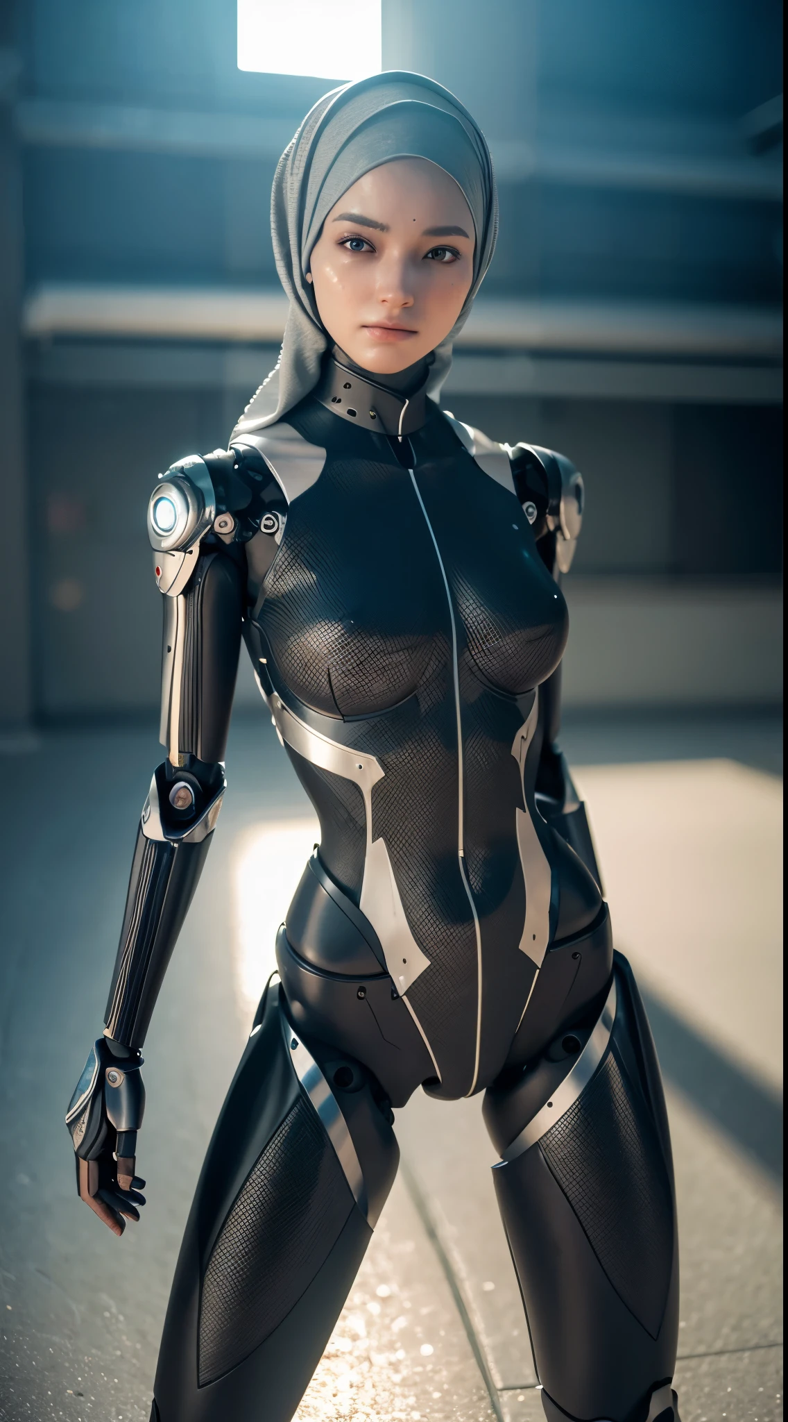 womanized humanoid robot made of steel, wearing hijab, beautiful face, anatomically correct, cyborg, cyborg limbs,unreal engine, ray tracing, 8 k, uhd, ultrarealistic, highly detailed  in the style of omni magazine, digital art, dramatic lighting, octane render