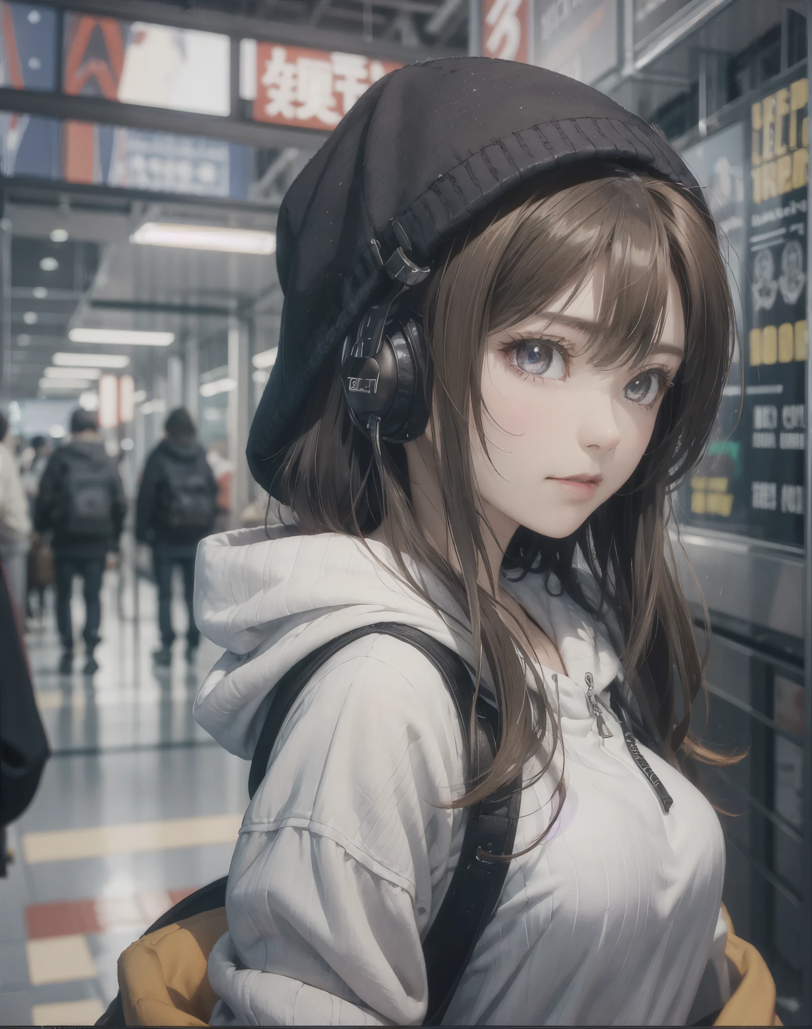 (masuter piece、side lights、ultra-detailliert、inely detailed beautiful eyes: 1.2)、1girl in、bags、buliding、from side、headphones、hoods、hood down、hooded jacket、parka、jaket、Long、orange color hair、redhair、独奏、train、inside of a car、The upper part of the body、masterpiece、top-quality