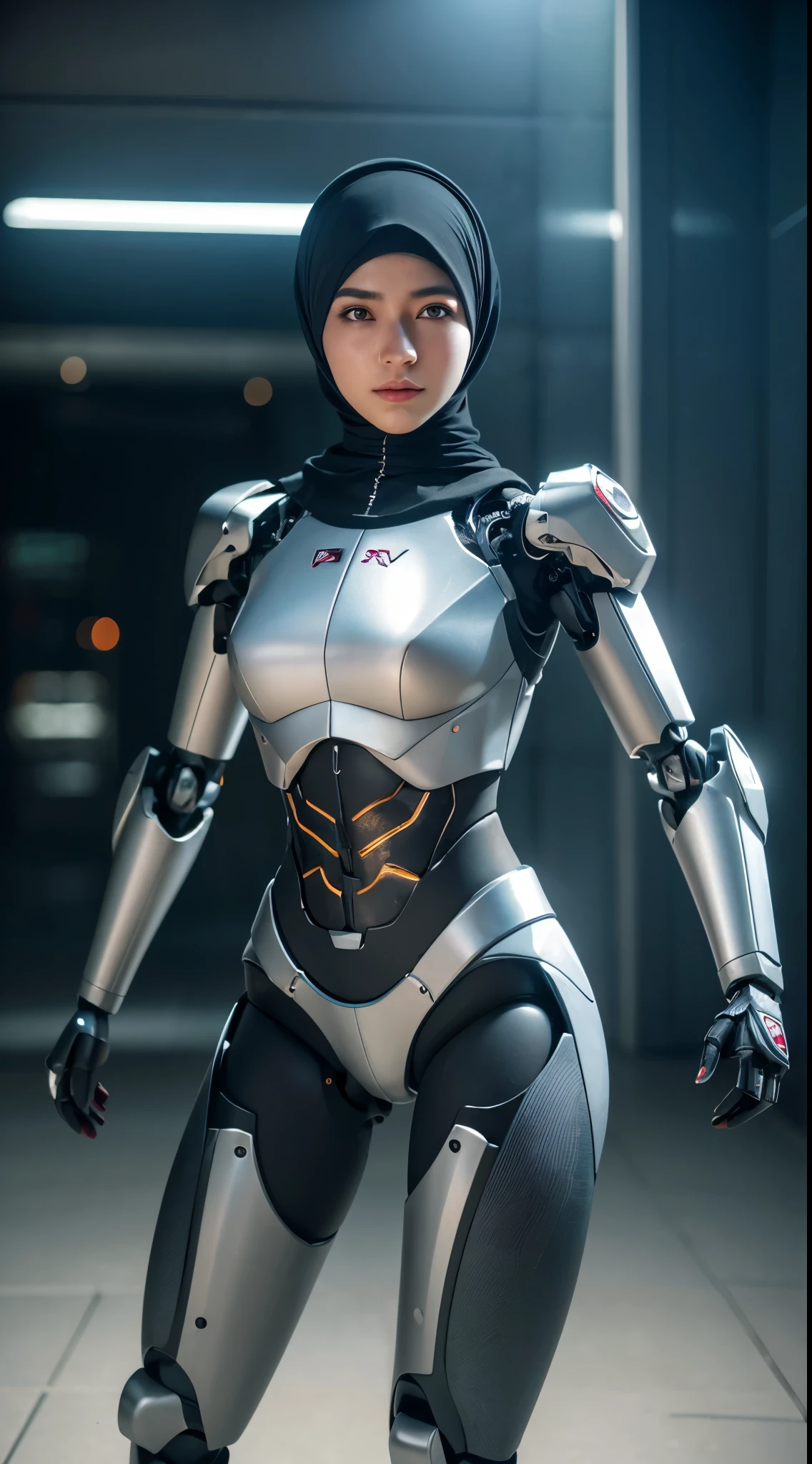womanized humanoid robot made of steel, wearing hijab, beautiful face, anatomically correct, cyborg, cyborg limbs,unreal engine, ray tracing, 8 k, uhd, ultrarealistic, highly detailed in the style of omni magazine, digital art, dramatic lighting, octane render
