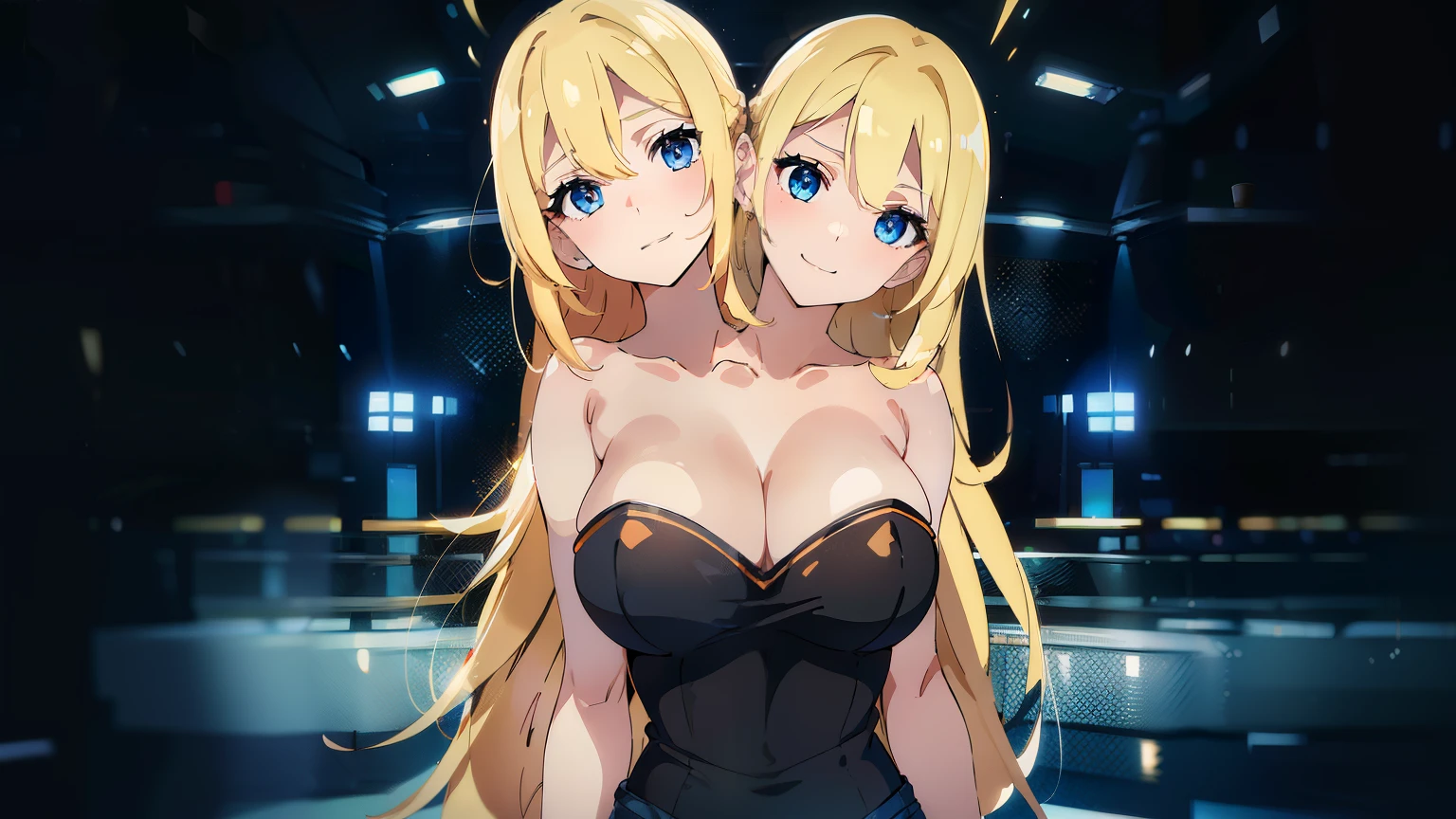 (masterpiece),(ultra-detailed), (high quality), (high resolution), (best quality:1.5, highres, UHD), highres, absurdo, ultra detalhado, ultra qualidade, Ultra resolution, 16k, (2heads:1.5) smiling, (blonde long hair), cleavage, (black tank top), blue jeans pants, lustrous and smooth skin, (mature woman), (blue eyes), seductive silhouette, slim hips