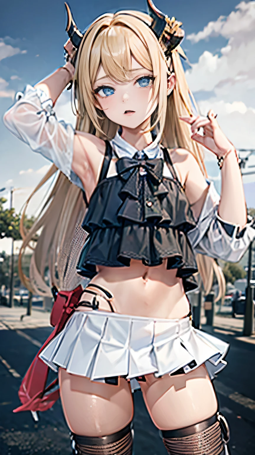 His hair is blonde and blue eyes and his horns are small and black., consiste en una blusa top, con un lazo y una falda plisada corta a los muslos. She also has white knee-high stockings, es un sucubo, tiene cuernos y cola de demonios, de pie mirando al espectador, fonfo blanco. Pechos medianos, small waist