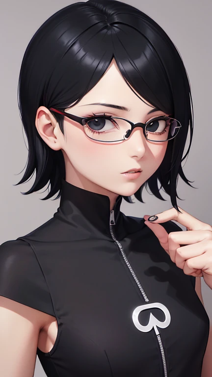 ((Matserpiece, short hair, black eyes)), melhor qualidade, high resolution, Sarada, envelhecer, maduro, adulto, salto de tempo, arrumar o cabelo, Thin glasses, ombro nu, jaqueta preta, corte superior, camiseta preta, fundo simples, pose sexy, olhos pretos, cabelo preto, fechar-se, brinco, clavicle, uchiha symbol brinco, cabelo muito curto, moleca hair, moleca, top de tubo longo,