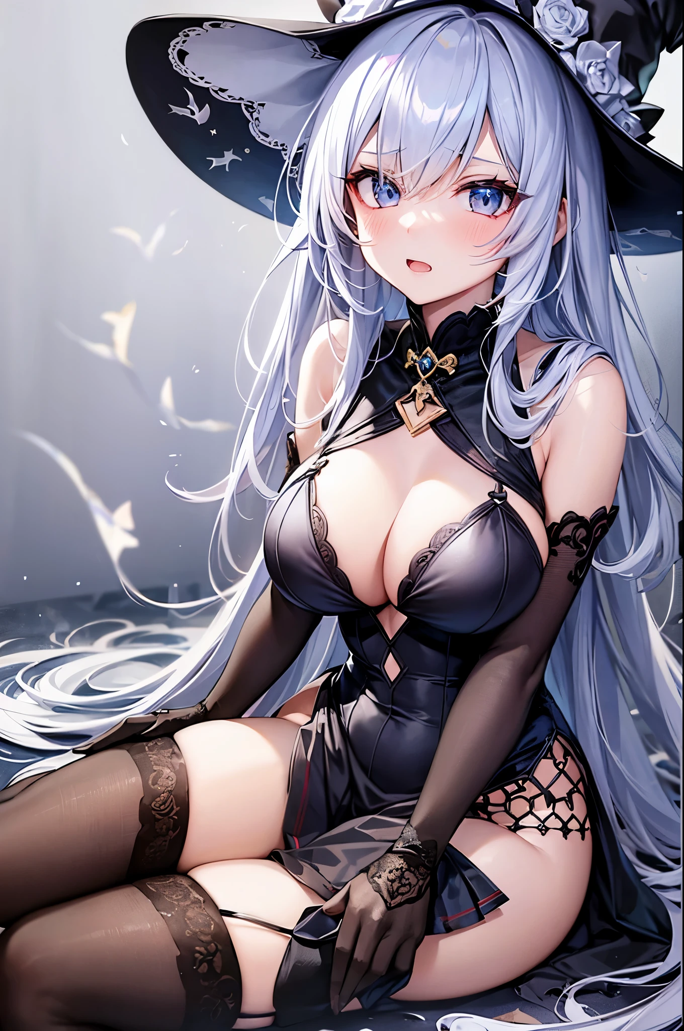 1 anime girl, genshin impact shenhe face, genshin impact shenhe hairstyle, ice silver hair, elegant straight hair, cute sexy witch hat, ((hair covering right eye)), (hair bangs over eye), ice blue eyes, (makeup and eyeliner), blushing, screaming terrified face, scared looked on her face, moaning mouth, (medium breasts), ((medium to large cleavage)), cute sexy sleeveless witch tunic, cute black pleated mini skirt, white school thigh highs, elegant white thigh highs, witch high heel shoes, scared posture, holding herself tight from fear, fallen on her butt sitting down, grass plains background, lake nearby, full body fan art.
[[High quality]]
[[Best fan art]]
[[Sexy anime]]
[[Hot anime fan art]].