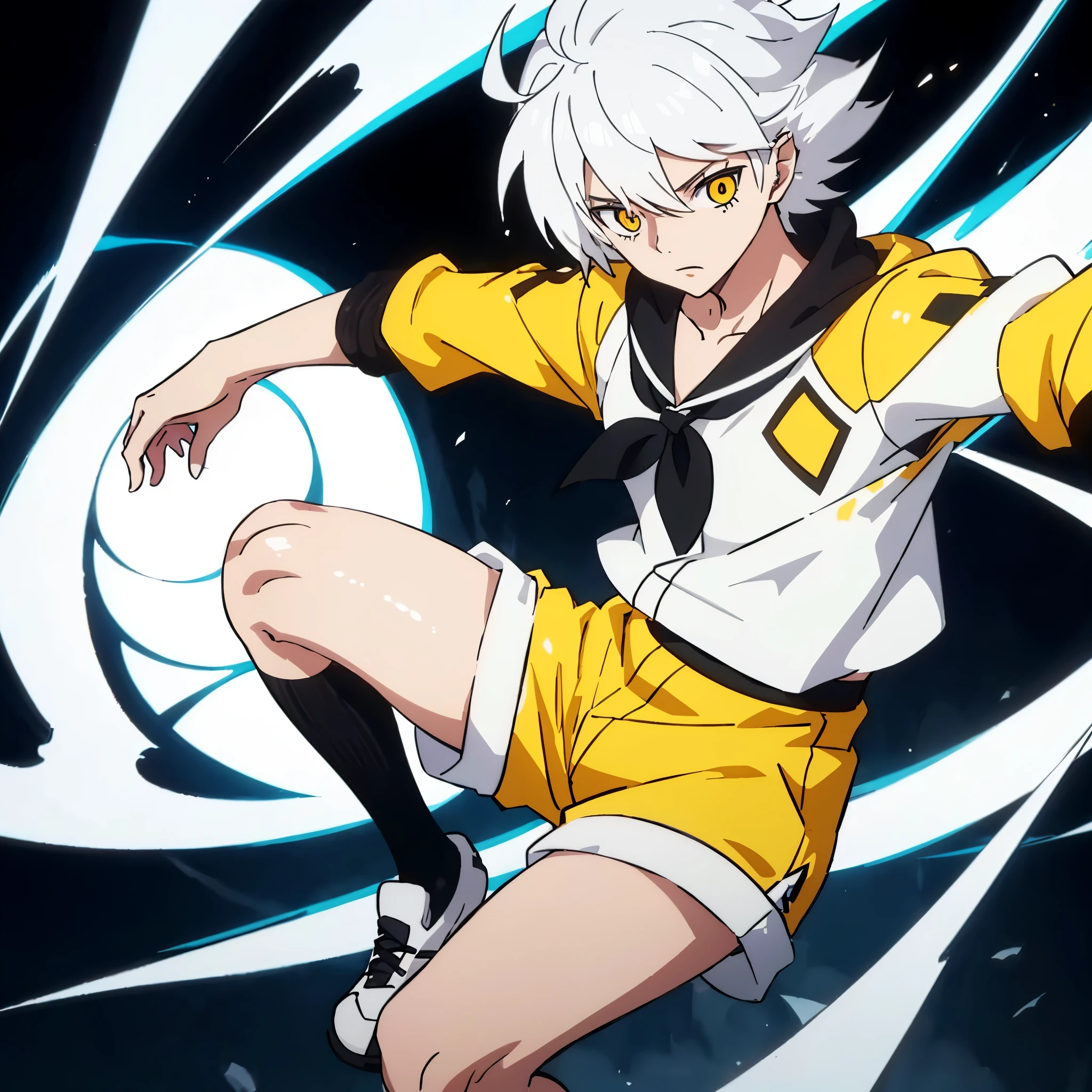 White hair and yellow eyes，offcial art，boy，whitesweater，Black  shorts，Black and white canvas shoes，full bodyesbian，anime visual，whaite hair，Detailed fanart，High Quality Anime Art Style，official character art，anime style character