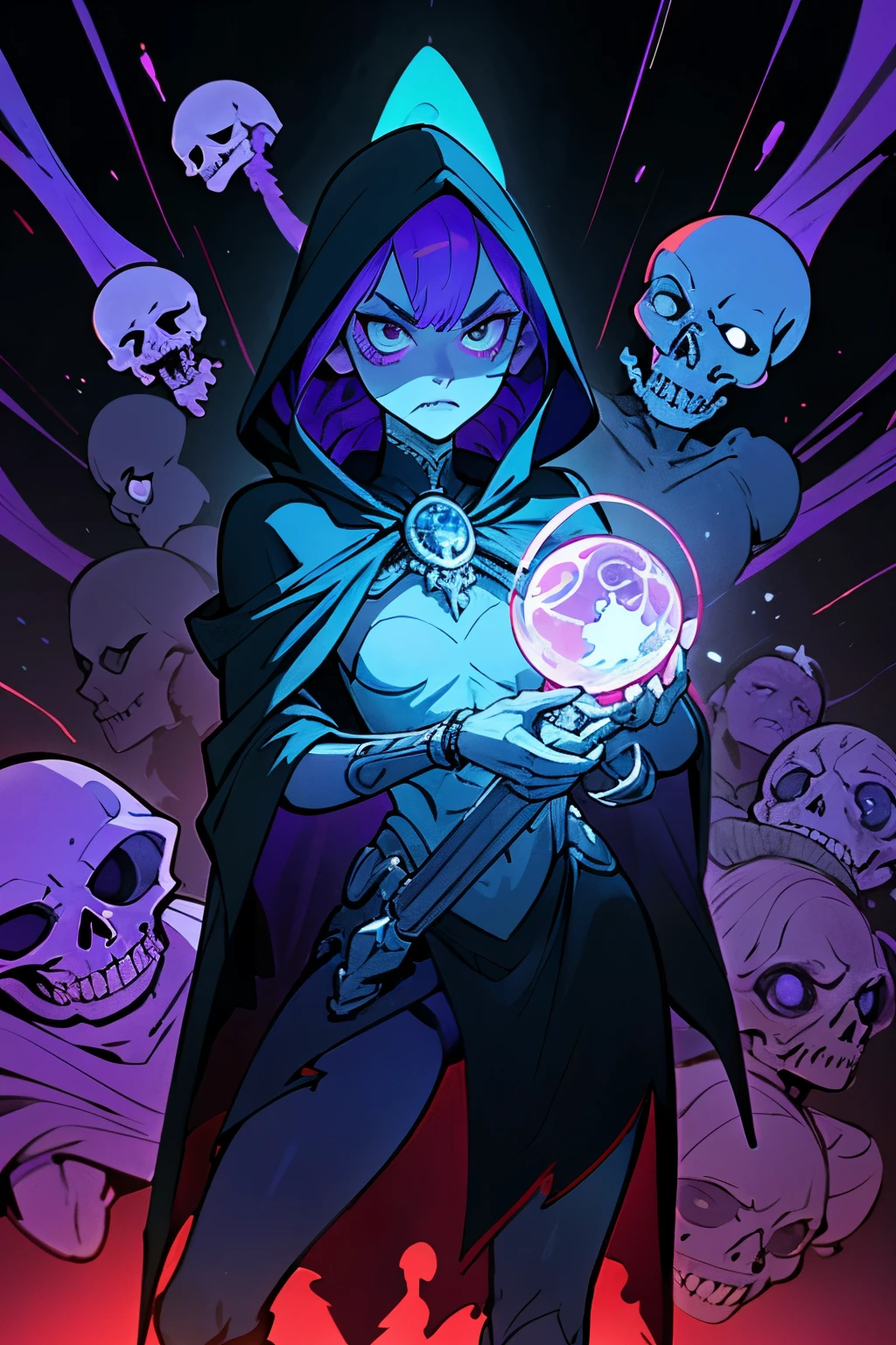 An intricate line drawing unravels a tale of cosmic horror punk, portraying a dark elf female, cloaked in black armor embellished with symbols of dark magic, standing triumphantly among a frenzied circle of quivering goblins. The dark elf's vengeful pose contrasts starkly with the enigmatic and sinister aura that envelops the scene. In the backdrop, a spectral skeleton warrior ascends from the blackness, its bones emitting a mesmeric ethereal blue glow. The environment is bathed in a provocative purple cyberpunk light, and the scene is further adorned with viscous fluid that added to the unset
