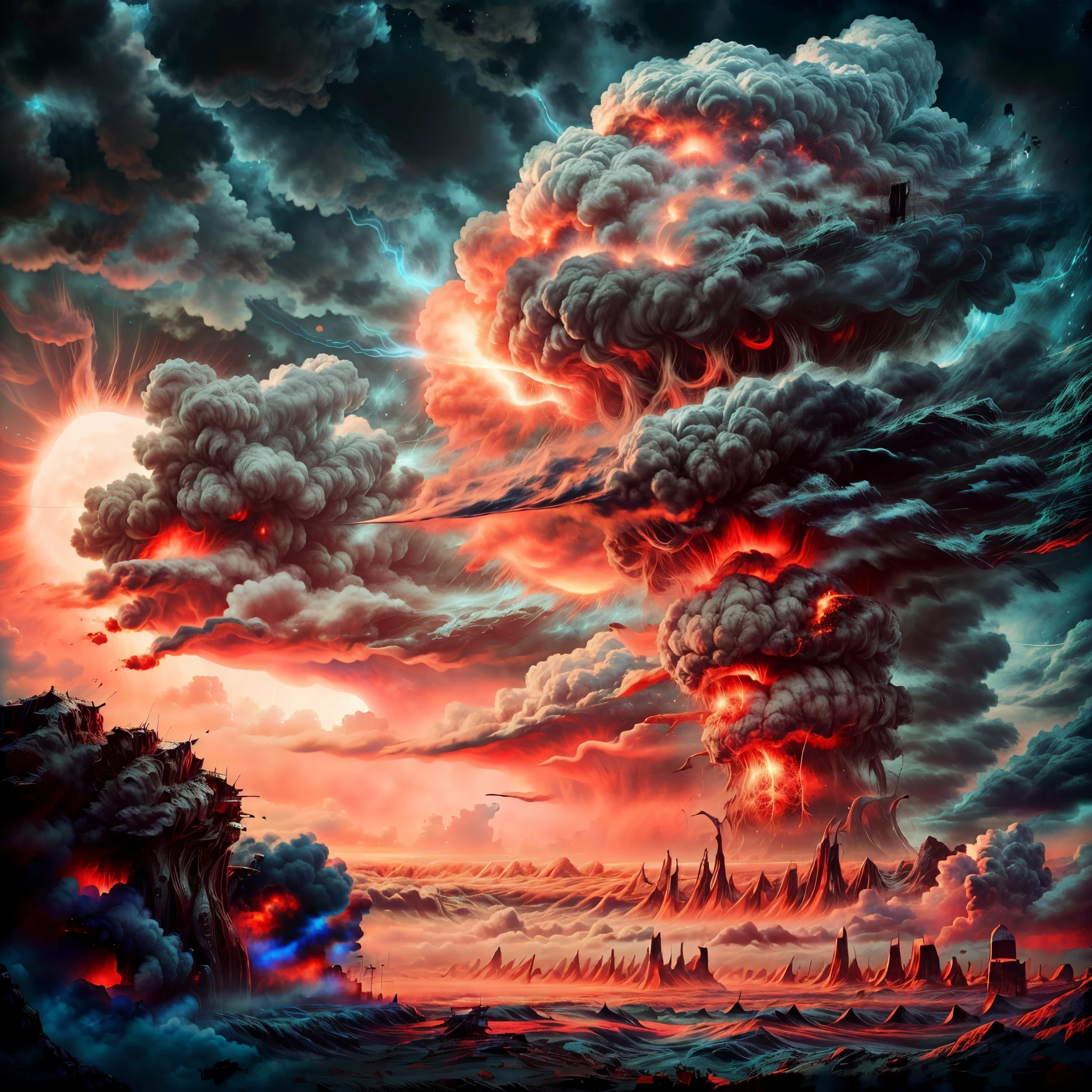 a hyper realistic close up of a nuclear explosion, una gran nube en el cielo, arte conceptual, Nube nuclear, Explosiones nucleares pintan el cielo, masterpiece, realismo, ruinas, radiation in iridescent effects