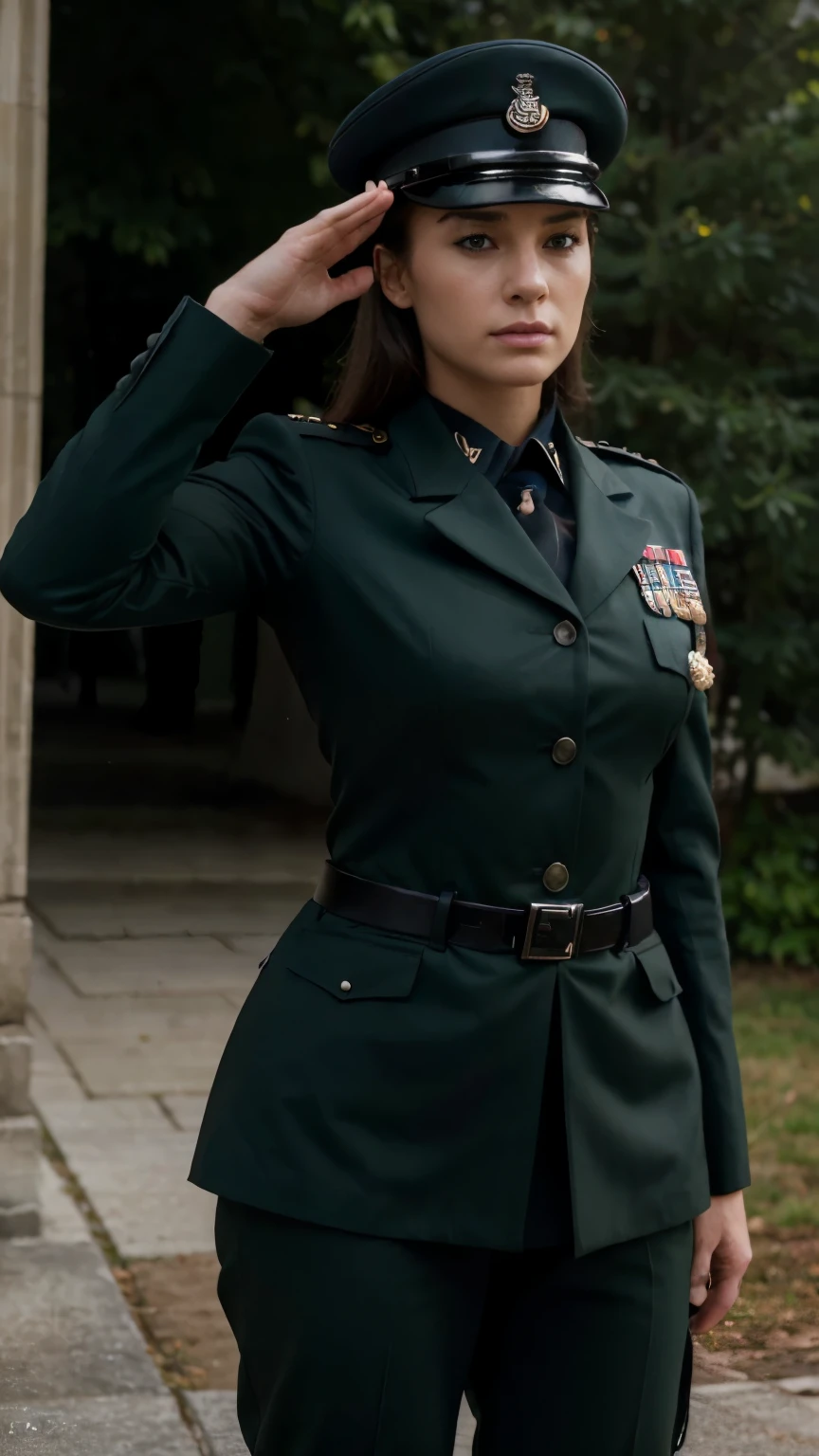 (best quality,4k,8k,highres,masterpiece:1.2),ultra-detailed,(realistic,photorealistic,photo-realistic:1.37),military salute,brown-haired soldier,sharp uniform,detailed facial features,soldier's peak cap,attention to detail,confident expression,appropriate lighting,natural background,dark green field,rigid posture,physical fitness,pride in service,straight back,well-groomed appearance,military discipline,brave and patriotic,sergeant rank,shiny black boots,strong and muscular build,clear blue sky,serious and focused look,proper salute hand position,firm and unwavering dedication,striking contrast between soldier and background,clear visibility of the soldier's badge,high level of precision,impeccable accuracy,exemplary depiction of military tradition and honor,admiration for the soldier's commitment and sacrifice,underlying sense of respect and appreciation for the military.