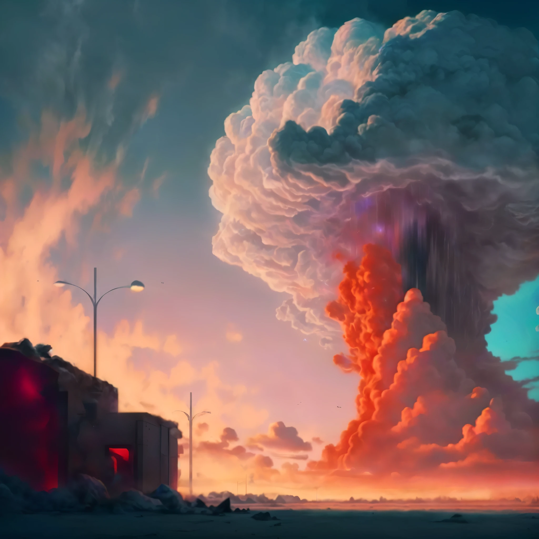 a hyper realistic close up of a nuclear explosion, una gran nube en el cielo, arte conceptual, Nube nuclear, Explosiones nucleares pintan el cielo, masterpiece, realismo, ruinas, radiation in iridescent effects