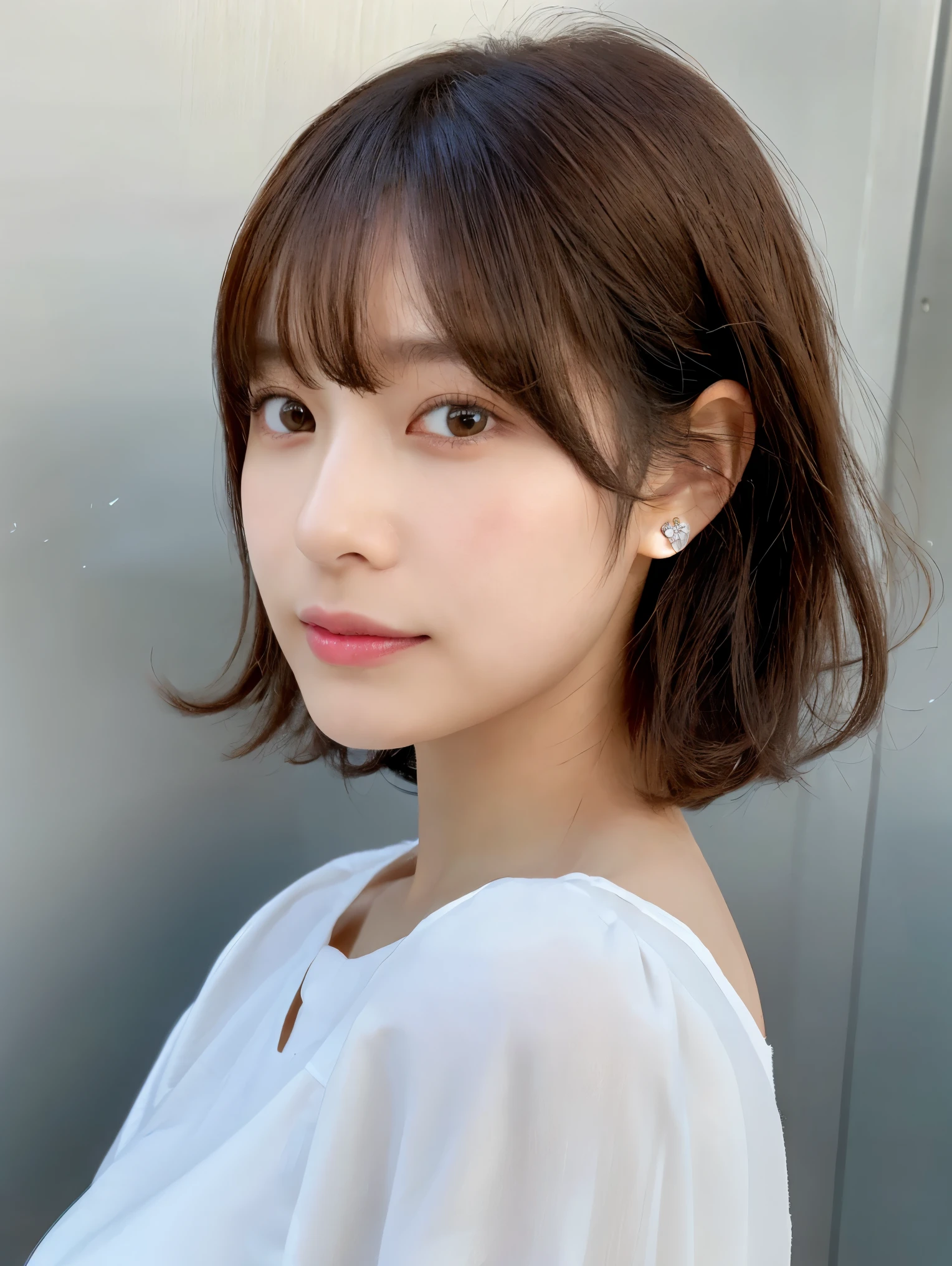 (Ultra - High resolution:1.5)(super detailed:1.3) (super high quality) (Super high quality:1.5) (realistic pictures:1.3) japanese woman、loose curly hair、Taken in front of a white wall、35 years old　((細かくてbeautiful顔:1.3)) ((realistic skin texture:1.3)) ((Precise, high-quality eyes:1.3)) ((Dense and high quality ears)) ((beautiful, Very fair and transparent skin:1.3)) ((beautifully groomed straight short bob hair))Complete body　beautifulプロポーション　(long sleeve dress)、beautiful high-definition image quality